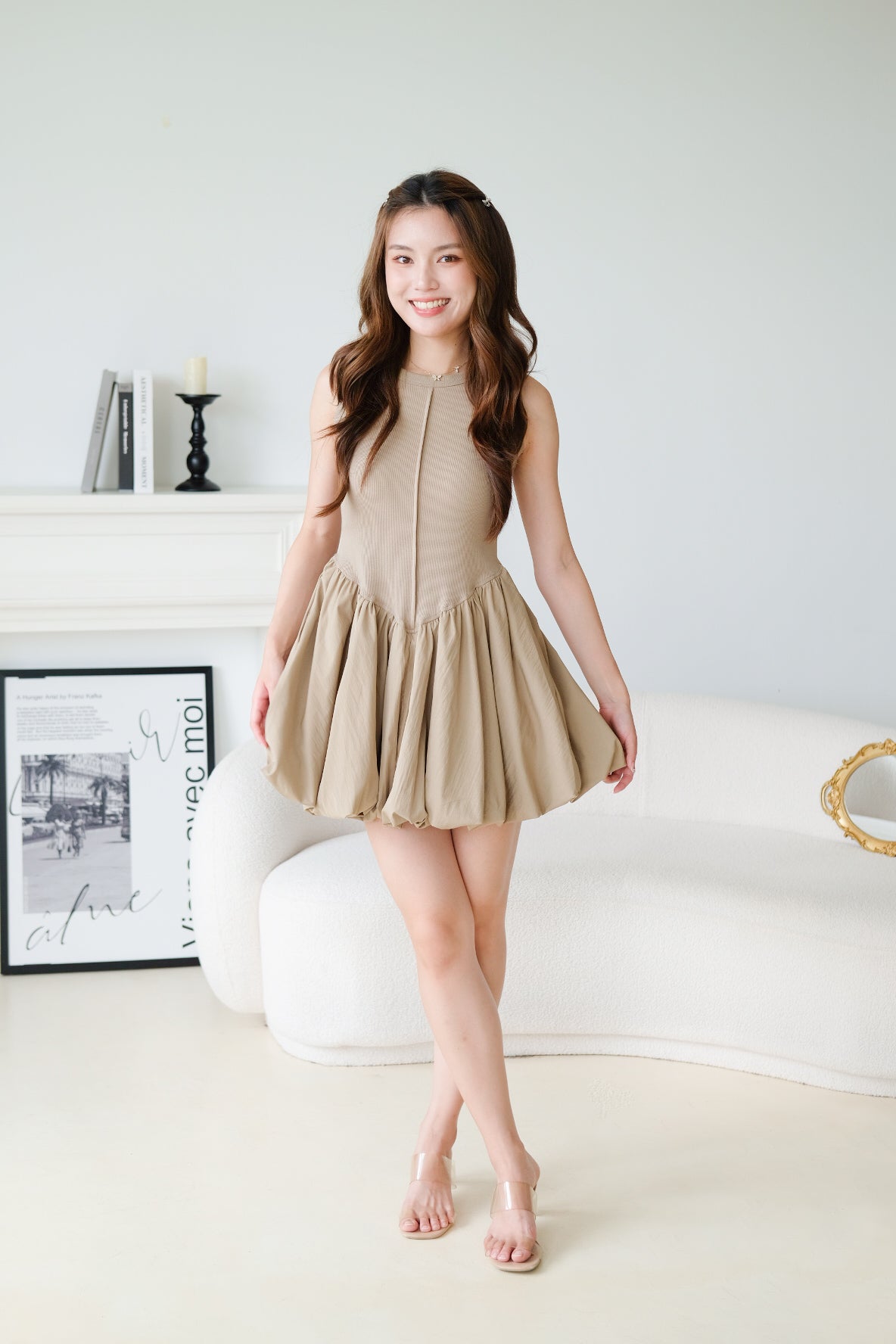 Carmen Ribbed Bubble Dress (Olive)