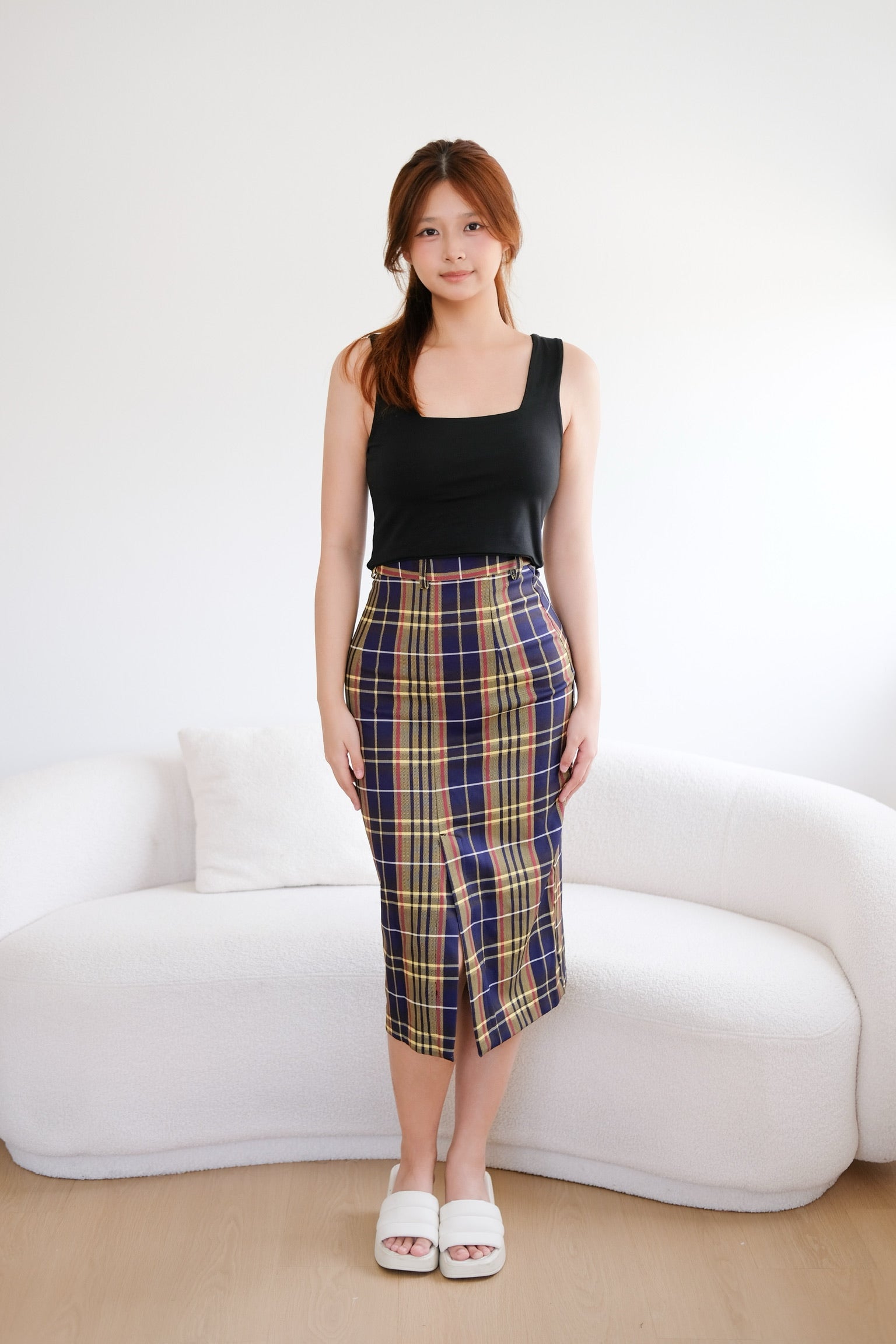 Navy Blue Grid High Waisted Midi Skirt