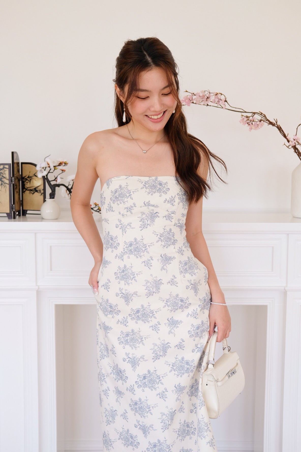 Nathania Floral Tube Padded Maxi Dress (Blue)