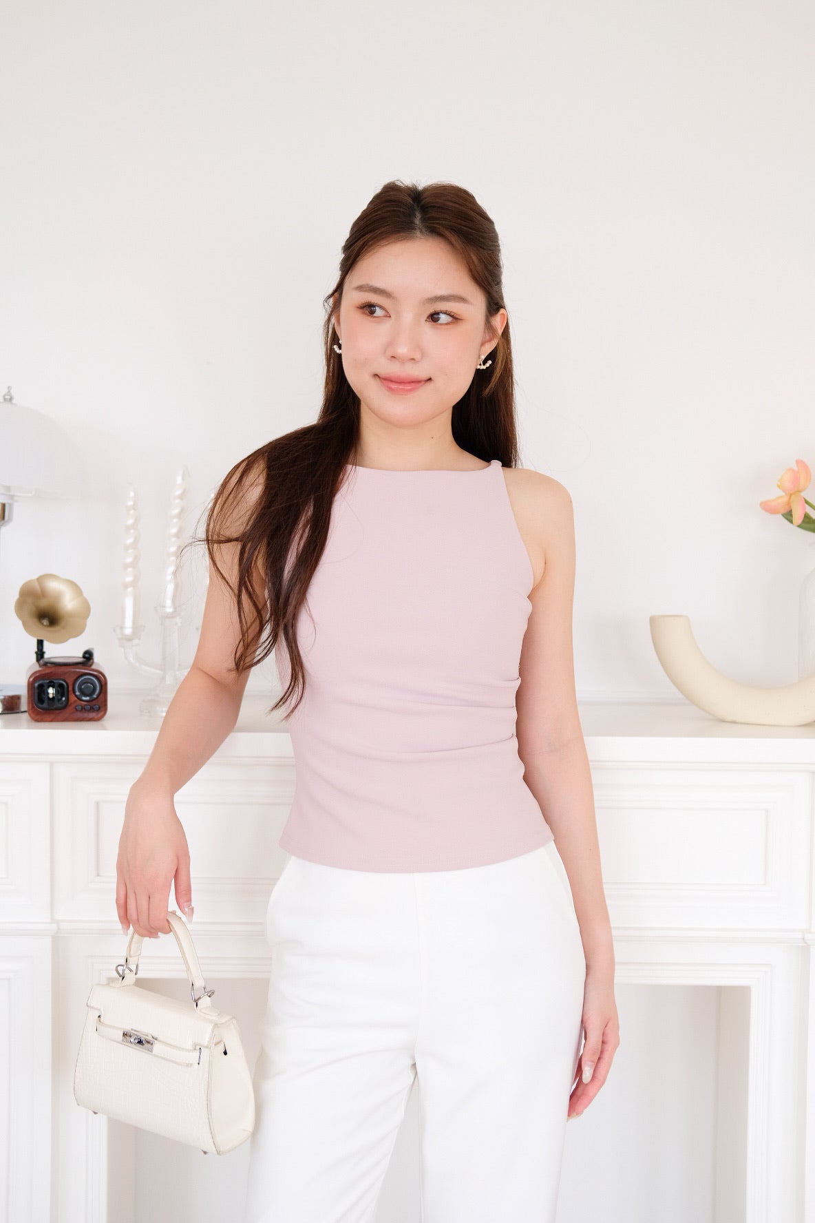 Elodie Boatneck Ruched Top (Light Mauve Pink)