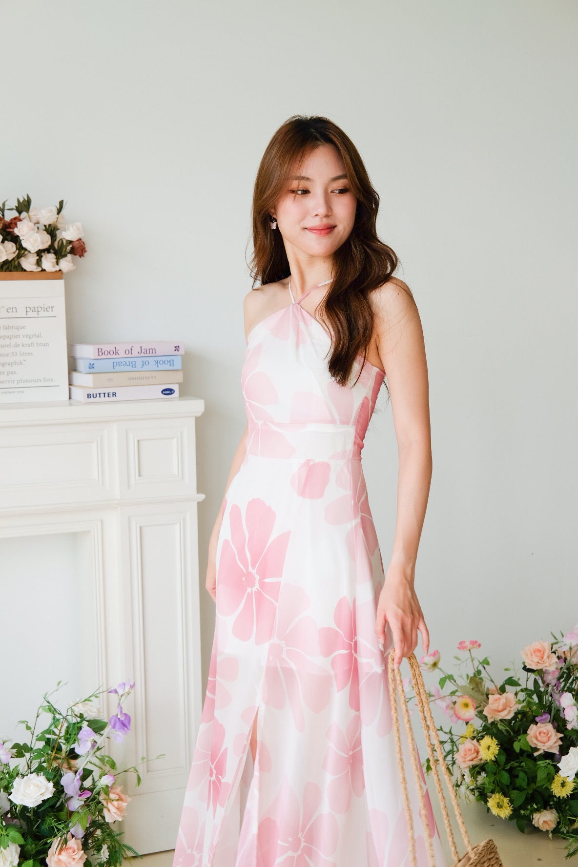 Reyna Floral Halter Slit Maxi Dress (Rouge Pink)