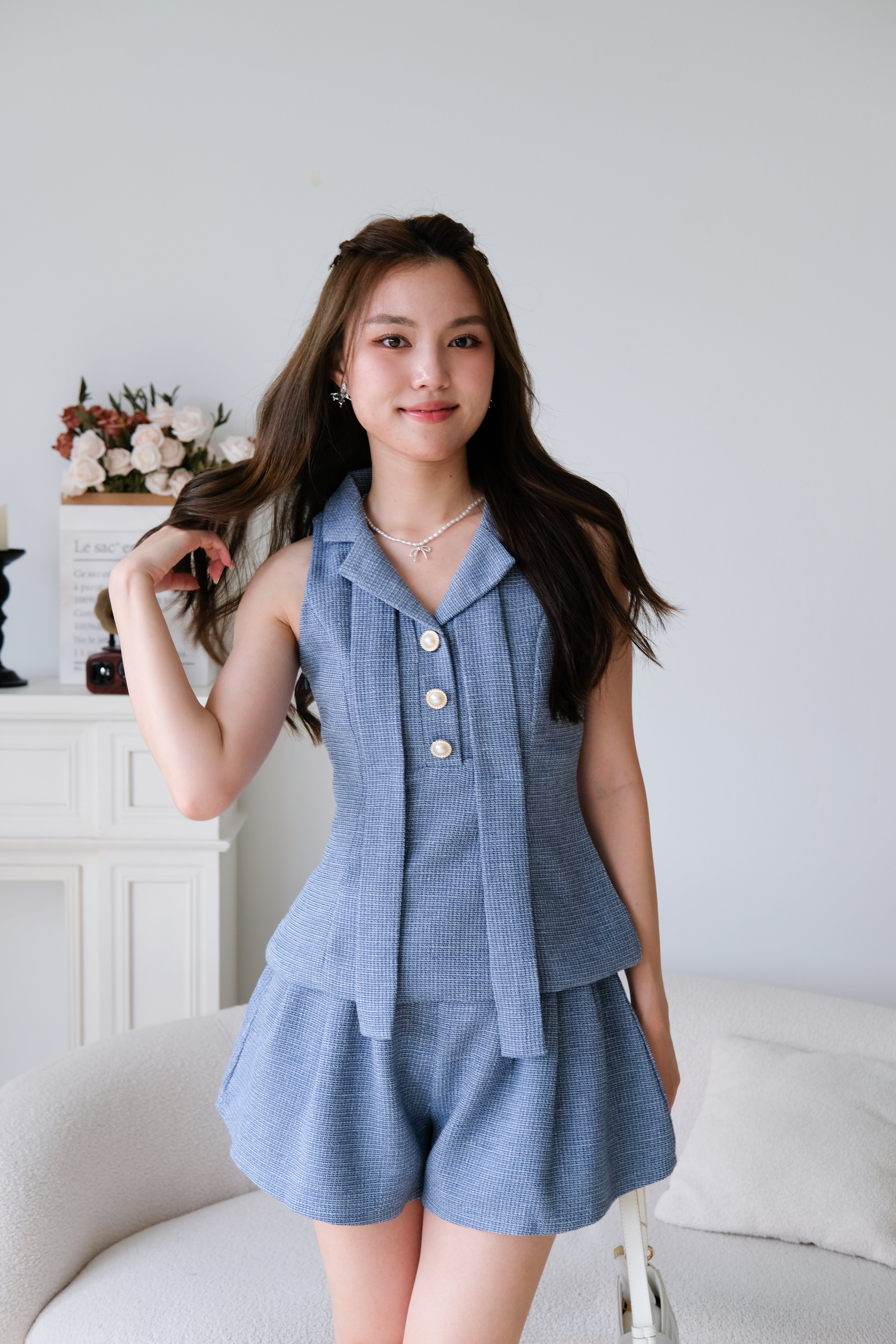 Gwen Collared Tweed Set (Sea Blue)