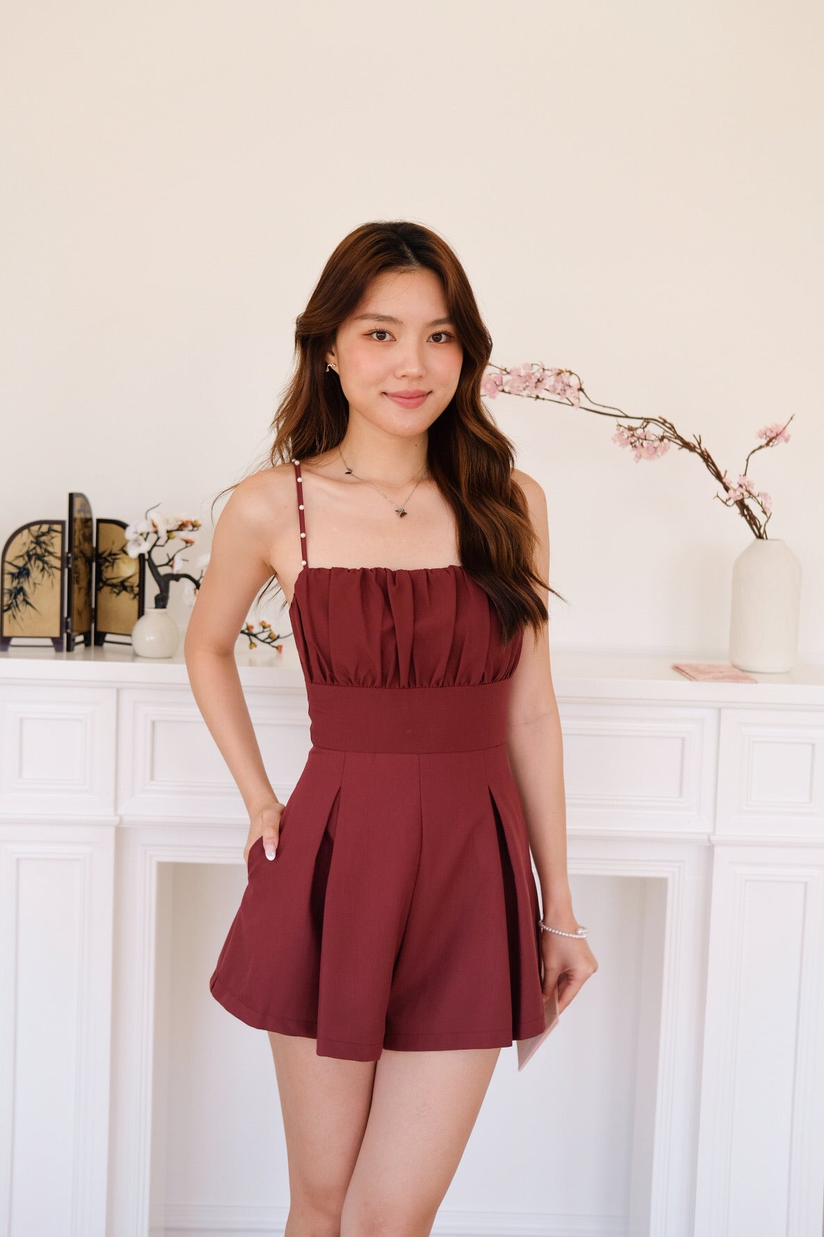 Ivonne Ruched Flare Padded Romper (Wine)