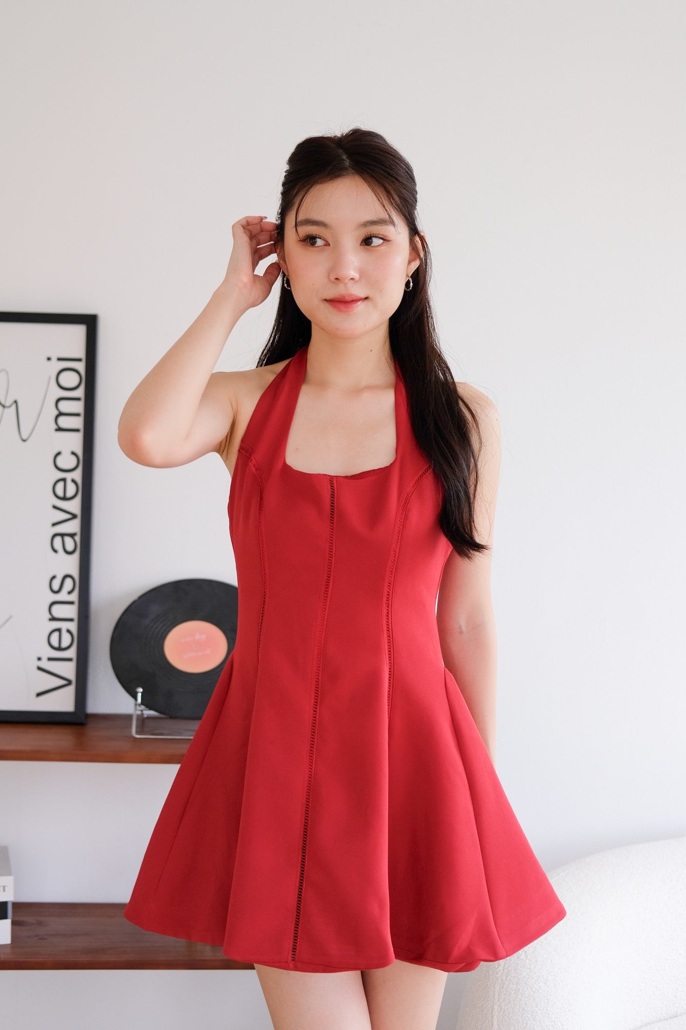 Violette Self Tie Halter Skater Dress (Red)
