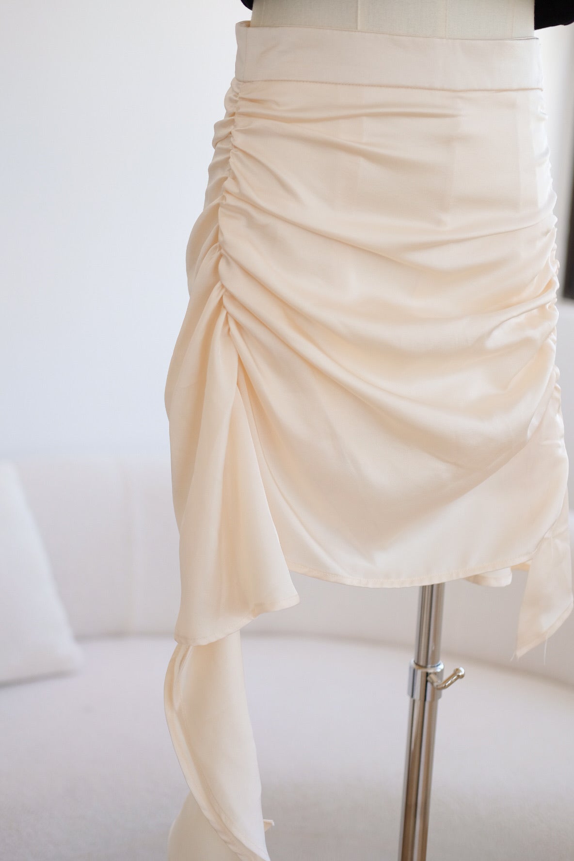 Champagne Satin Ruched Ruffle Skirt