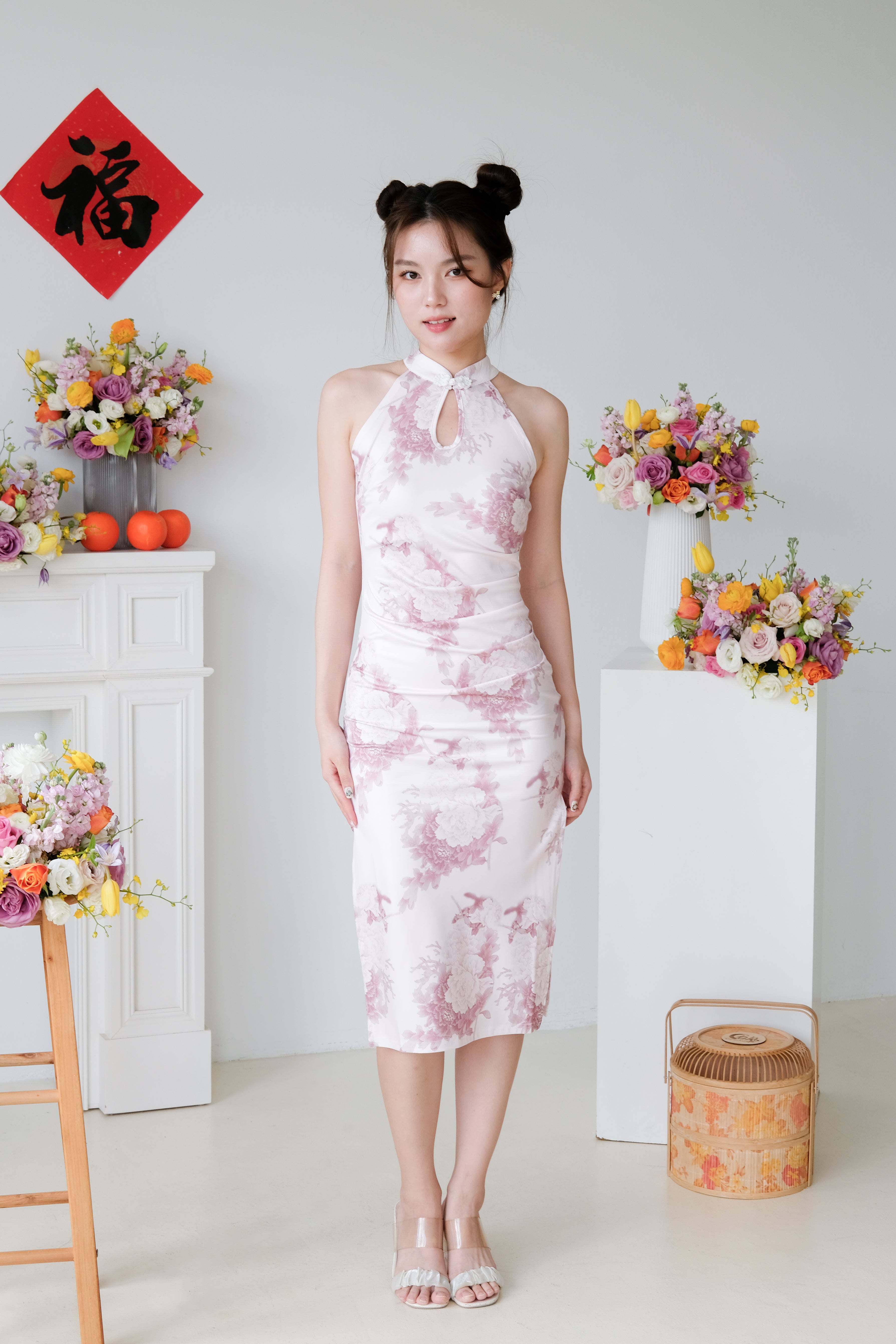 Hua Halter Slit Midi Cheongsam (Light Pink)
