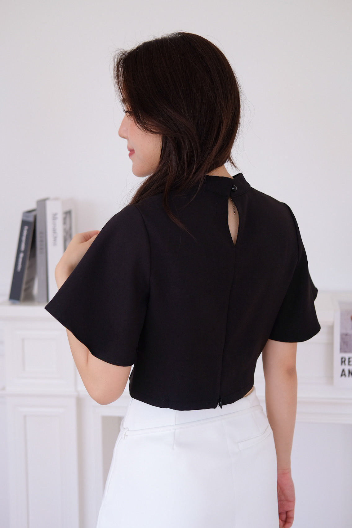 Veena Flutter Sleeves High Neck Top (Black)