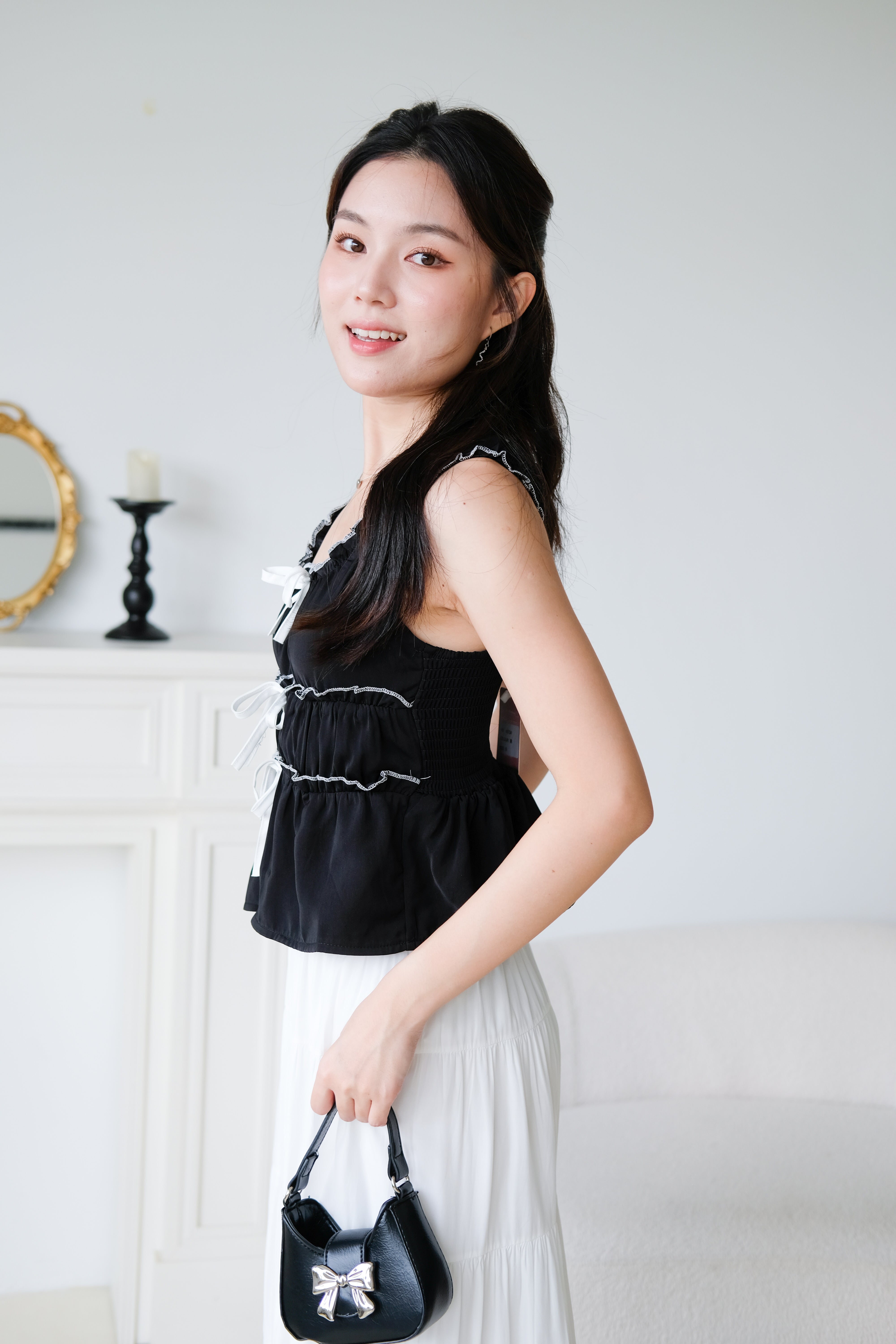 Elowen Coquette Contrast Babydoll Top (Black)