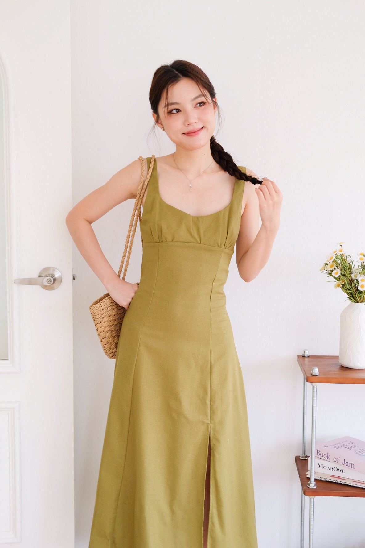 Clover Linen Slit Dress (Olive Green)