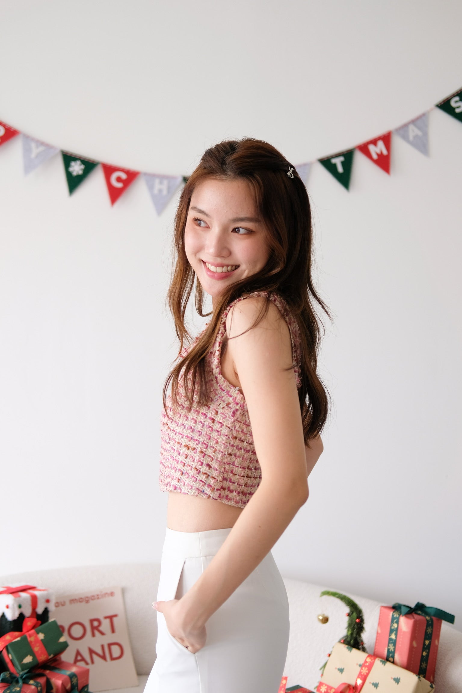 Mirea Frills Tweed Crop Top (Magenta)