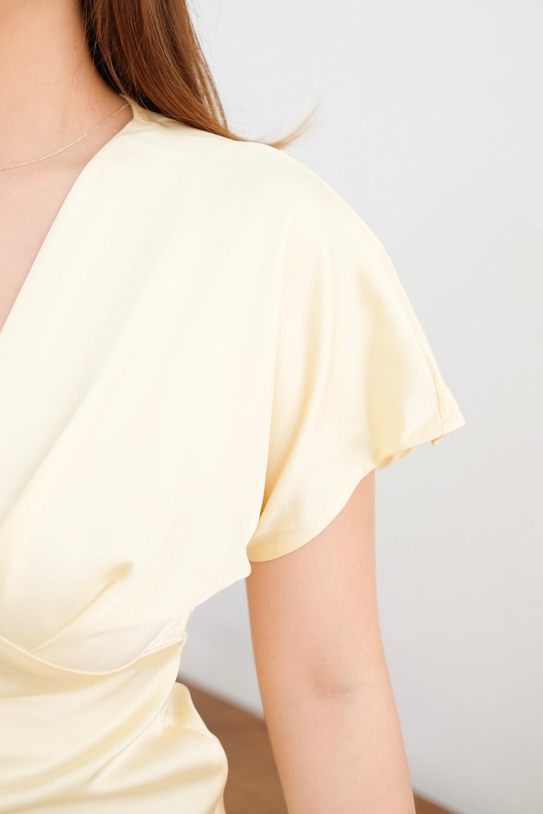 Yellow V Neck Flutter Satin Maxi Dress