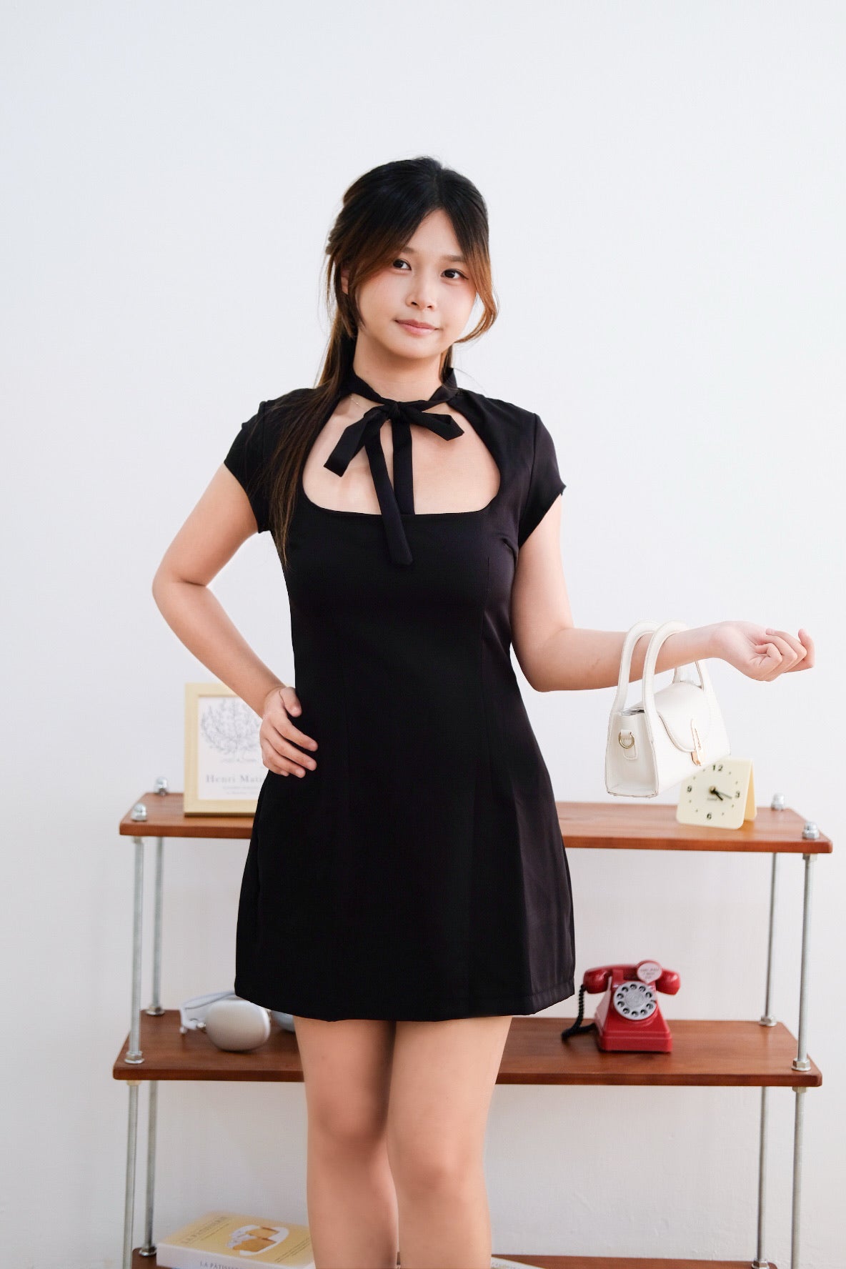 Black Square Neck Ribbon Mini Dress