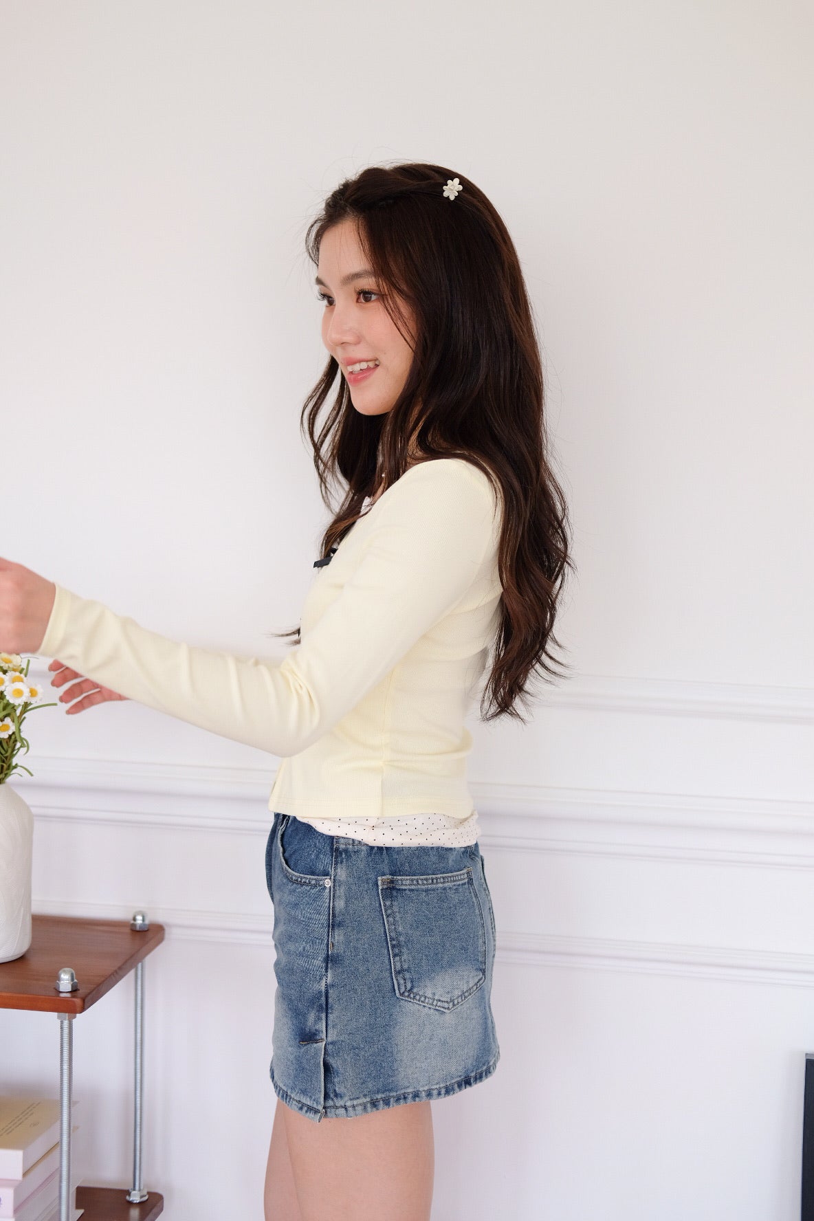 Ahyeon Contrast Polka Long Sleeve Top (Light Yellow)