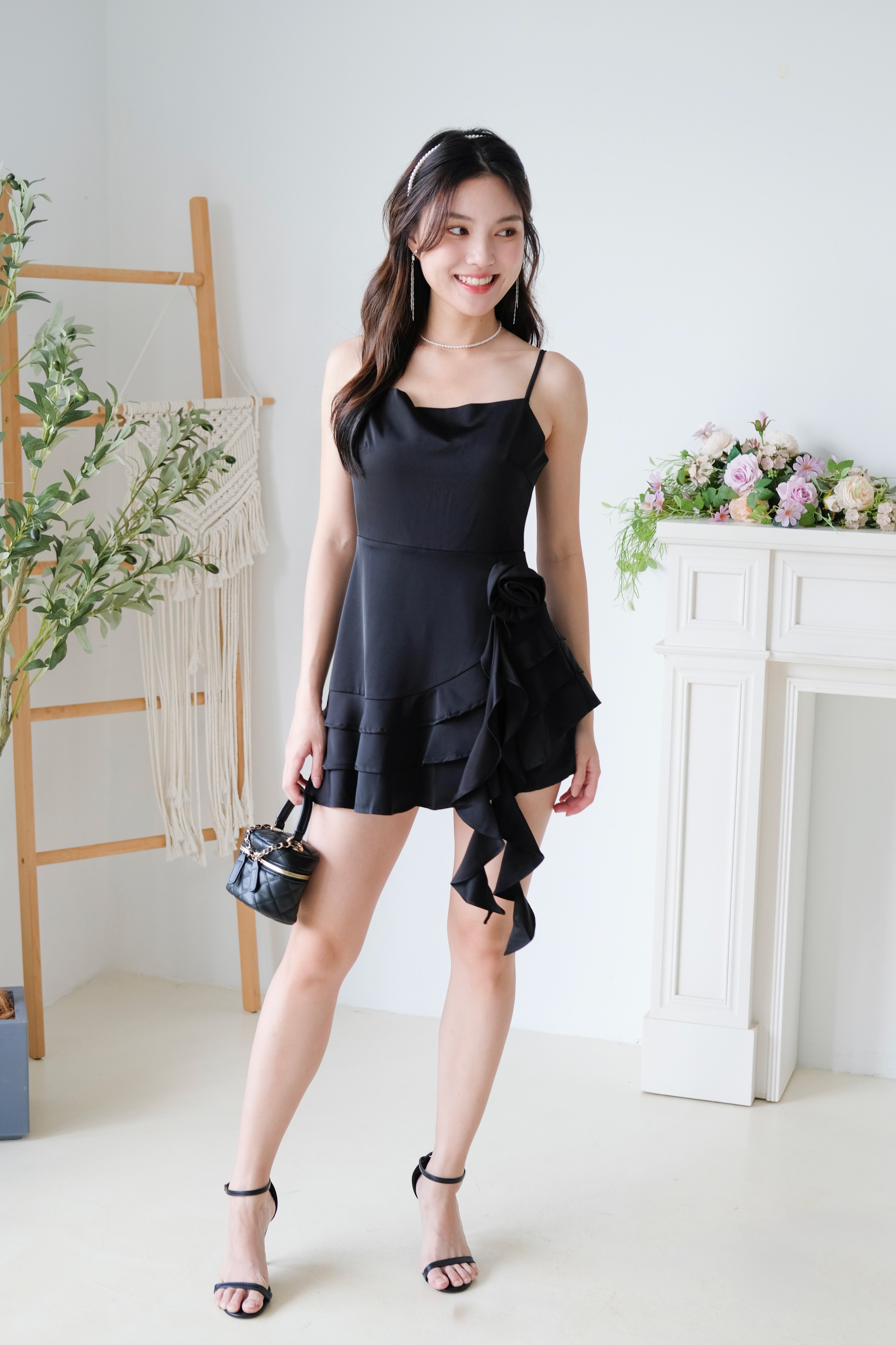 Dewy Satin Ruffle Dress (Black)