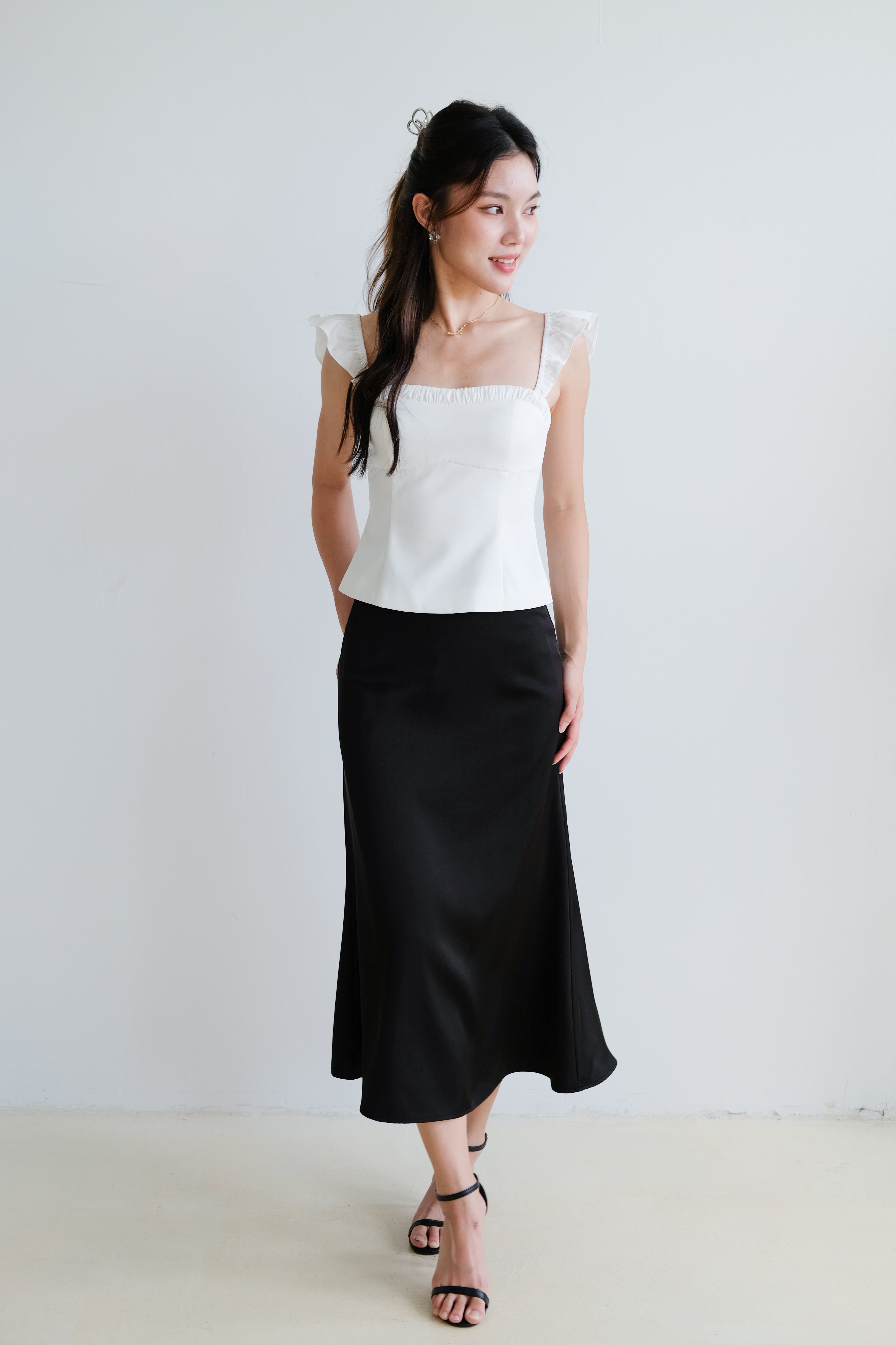 Luna Satin Midi Skirt (Black)