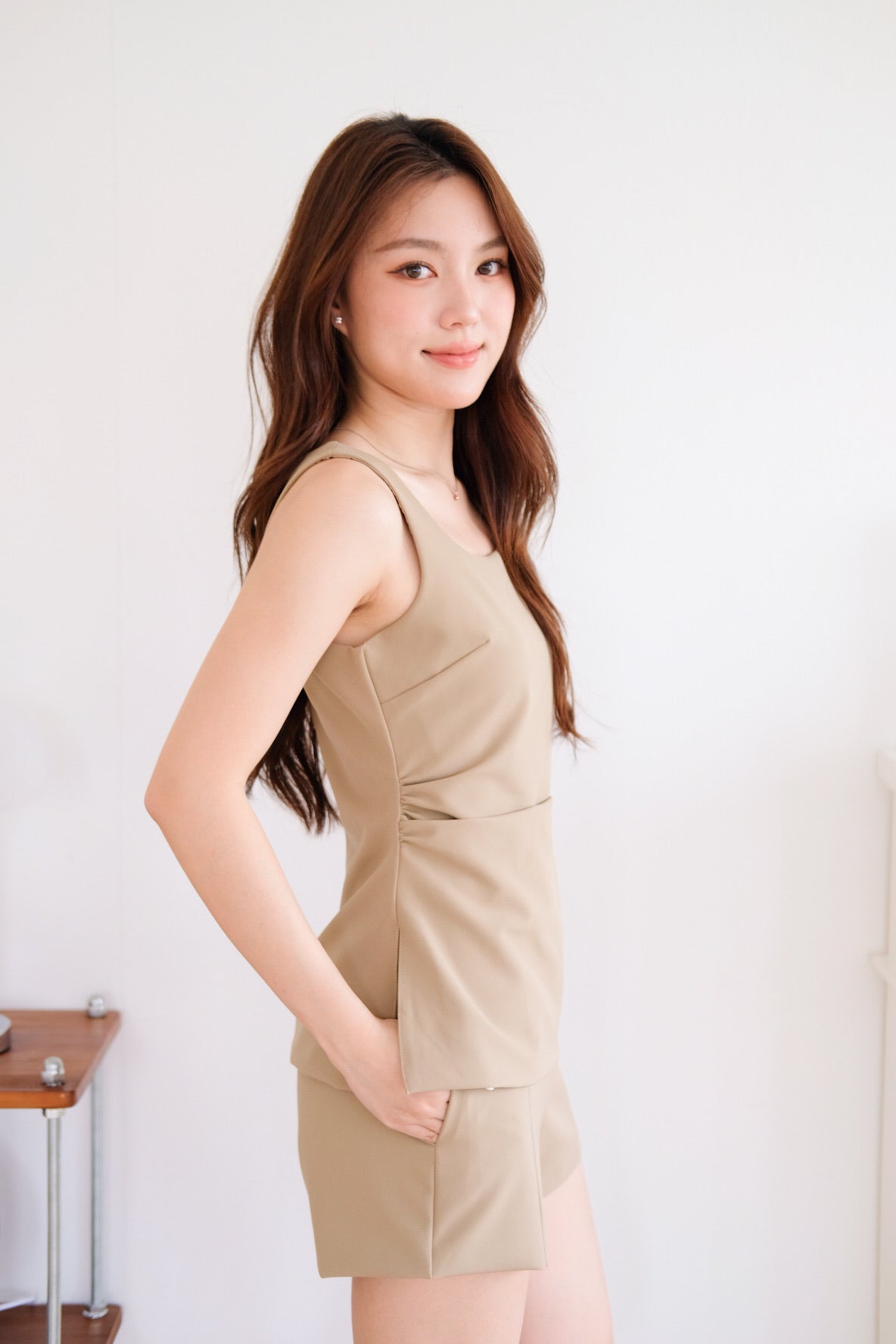 Cooper Ruched Flare Top (Khaki)