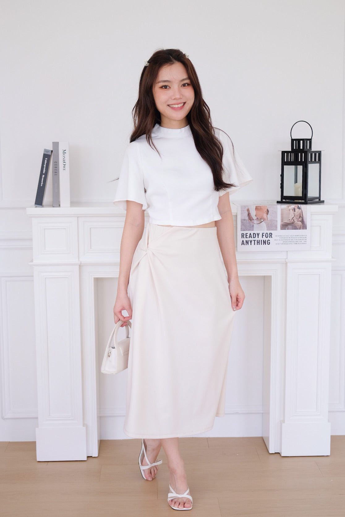 Veena Flutter Sleeves High Neck Top (White)