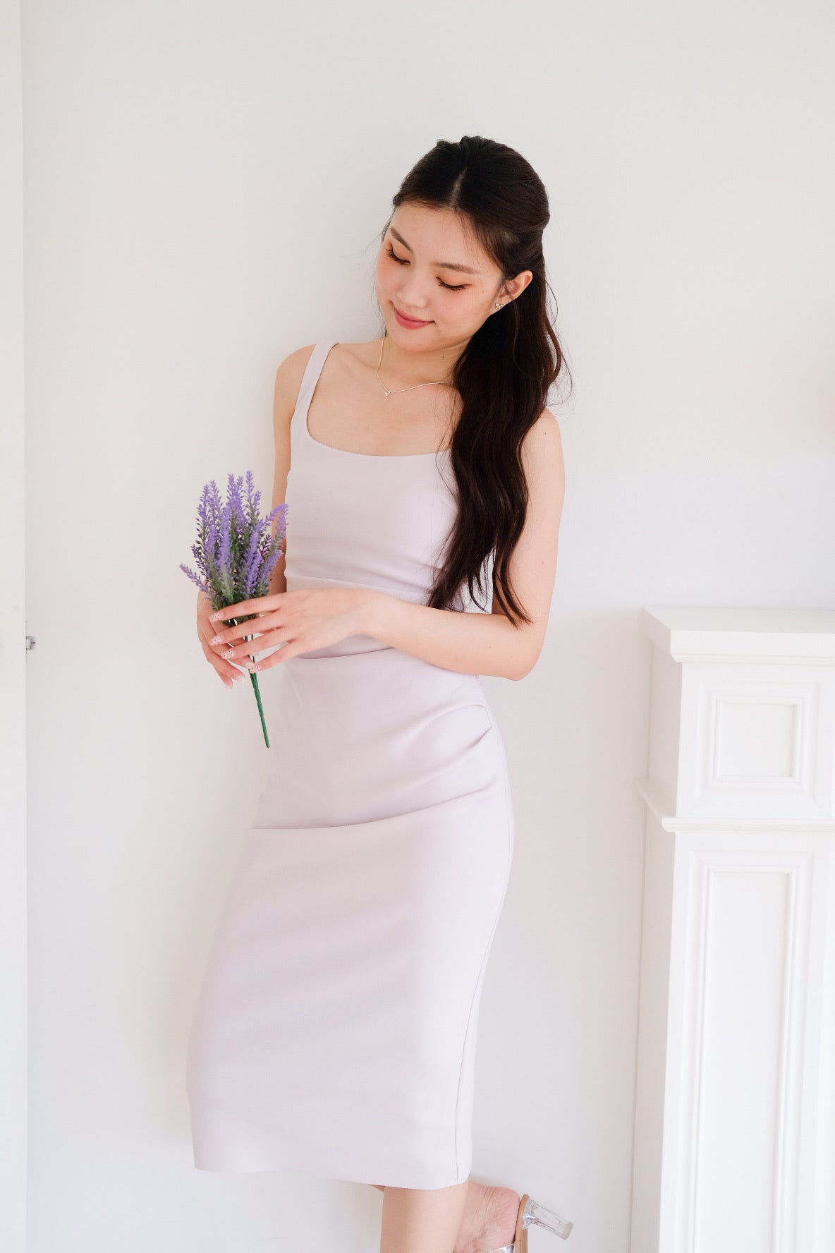 Claude Ruched Slim Fit Midi Dress (Pastel Purple)