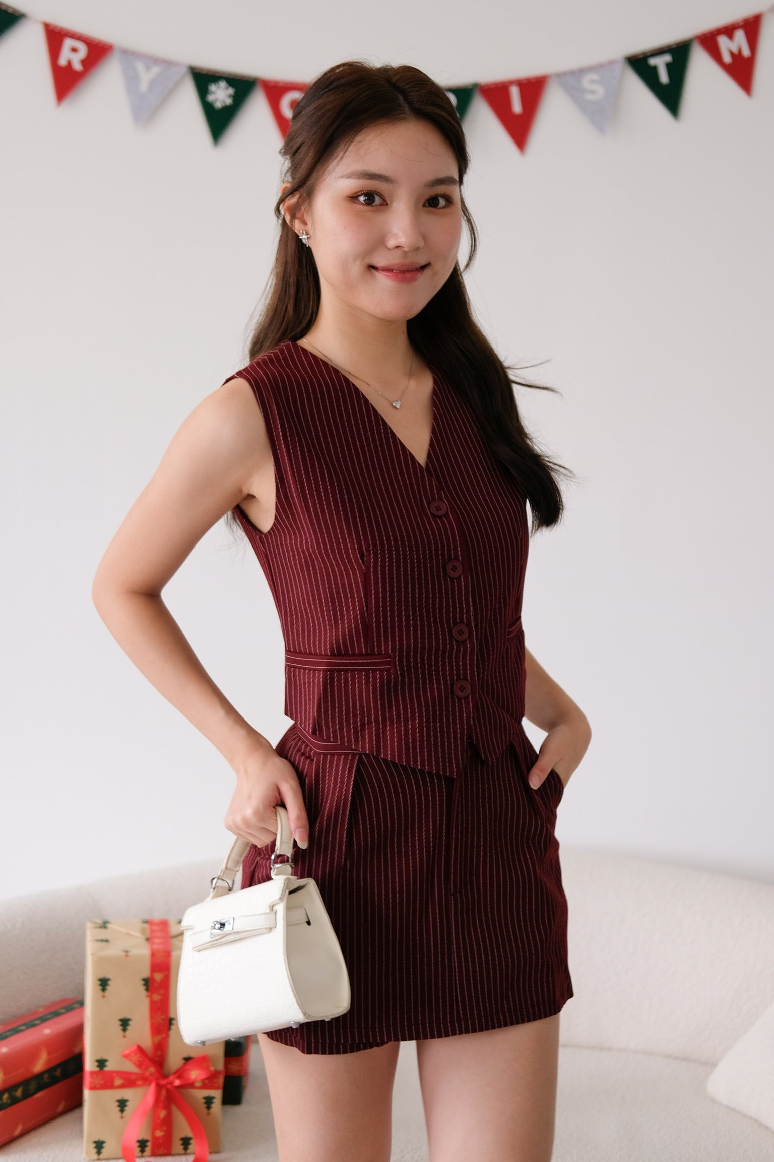 Monroe Pinstripe Vest Set (Maroon)