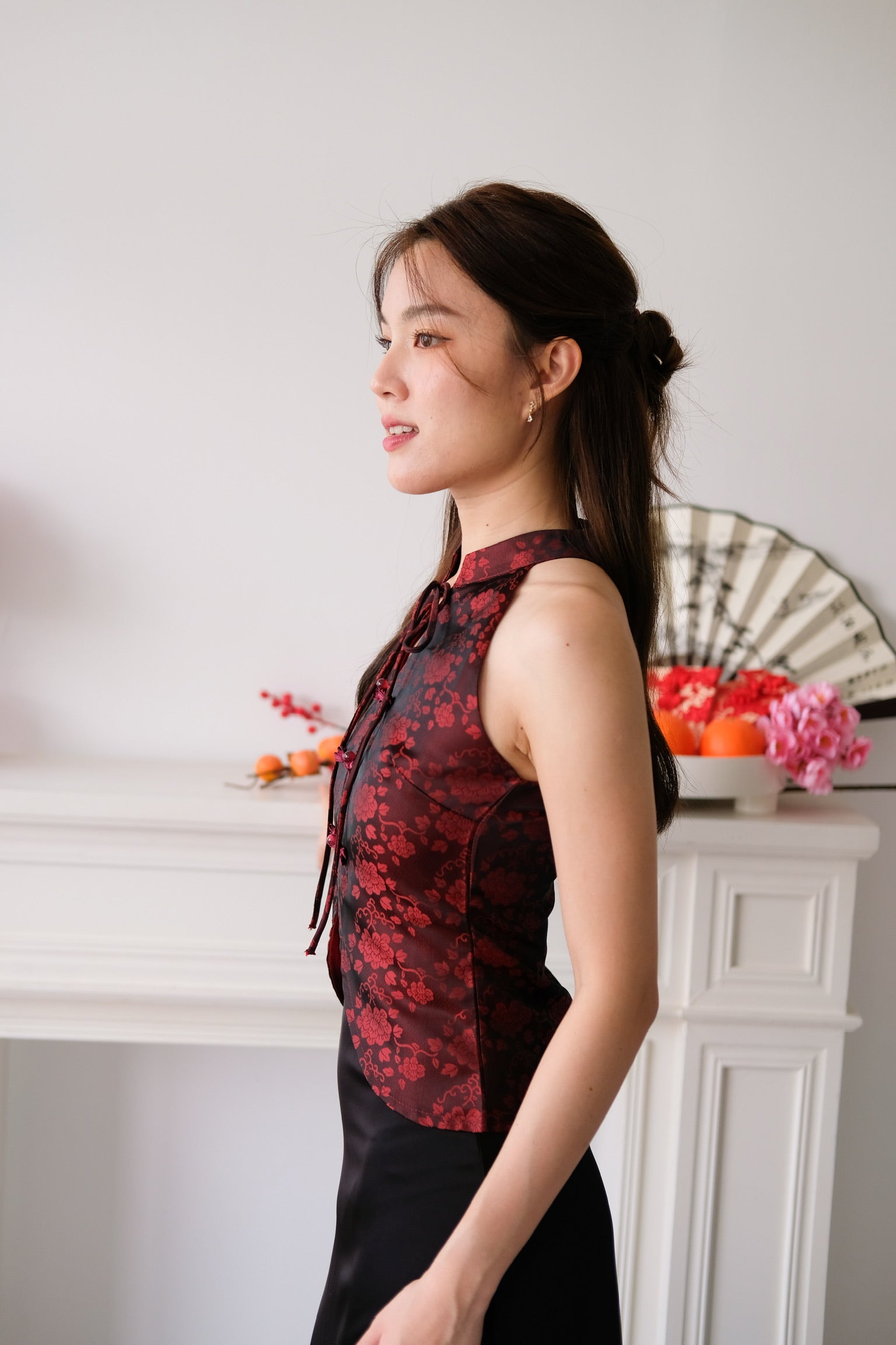 Ning Xia Ribbon Cheongsam Top (Wine)