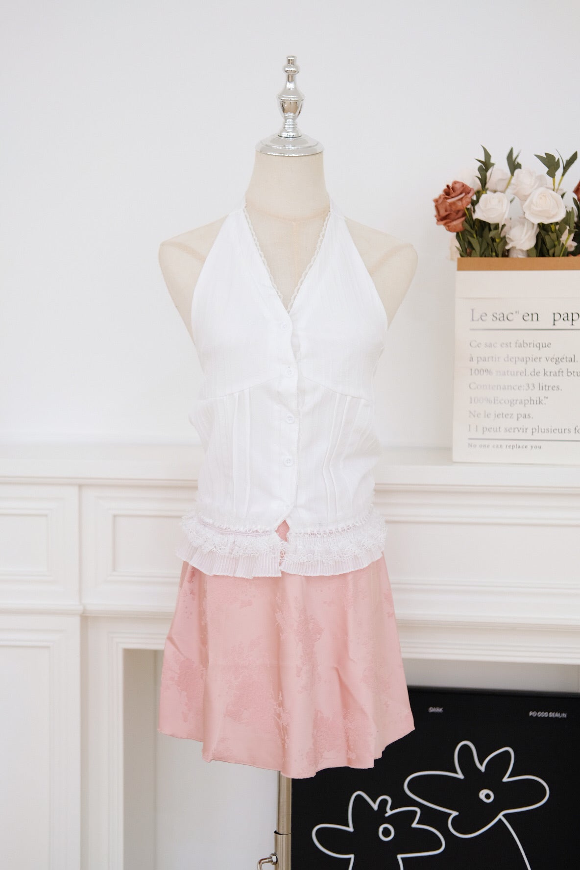 White Halter Ribbon Lace Top