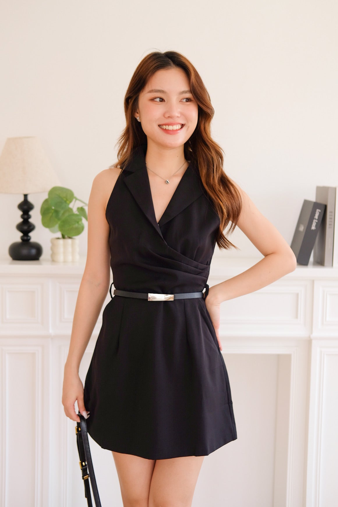 Chrysan V Neck Belted Dress (Black)