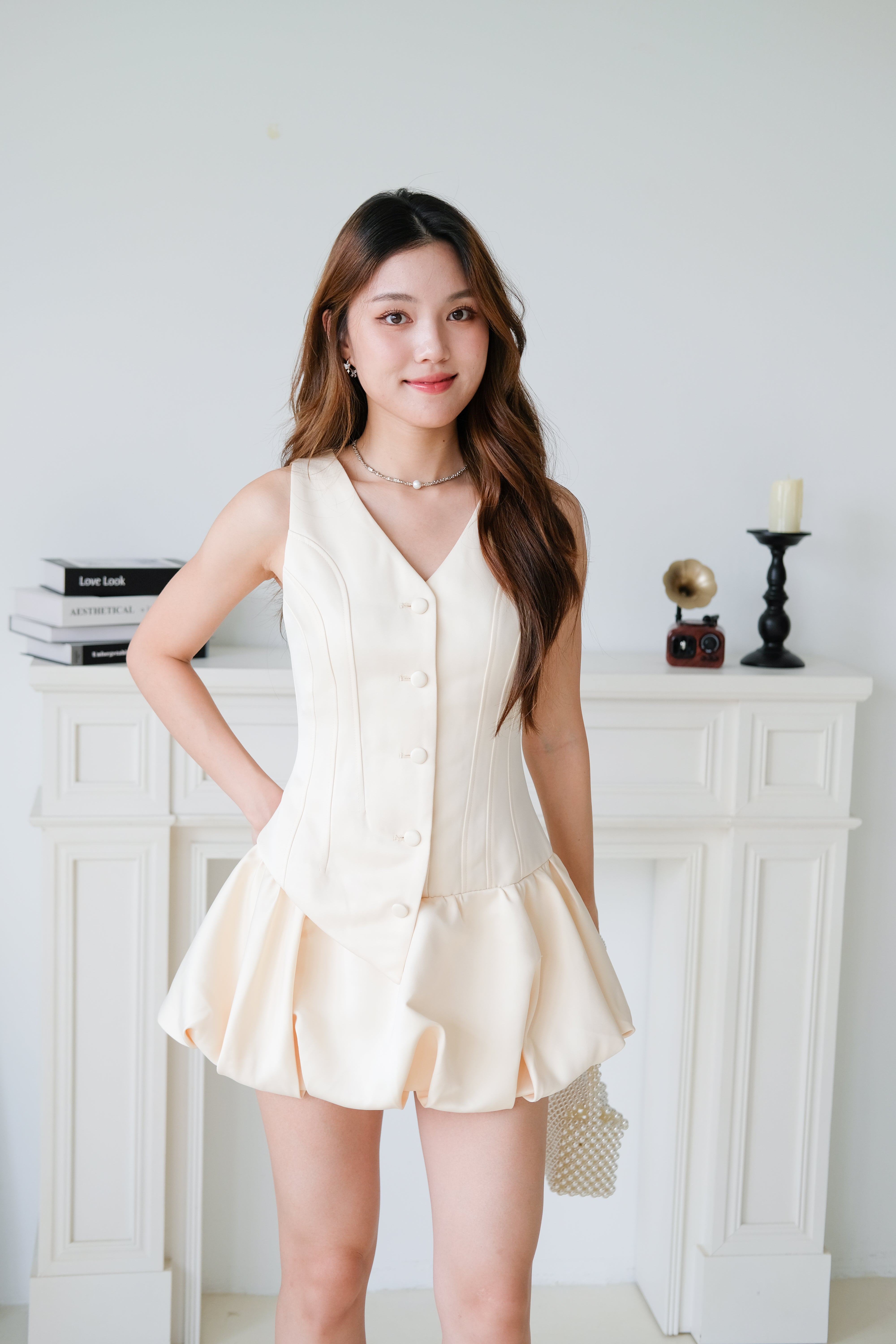 Elise Sculpted Bubble Dress (Beige)