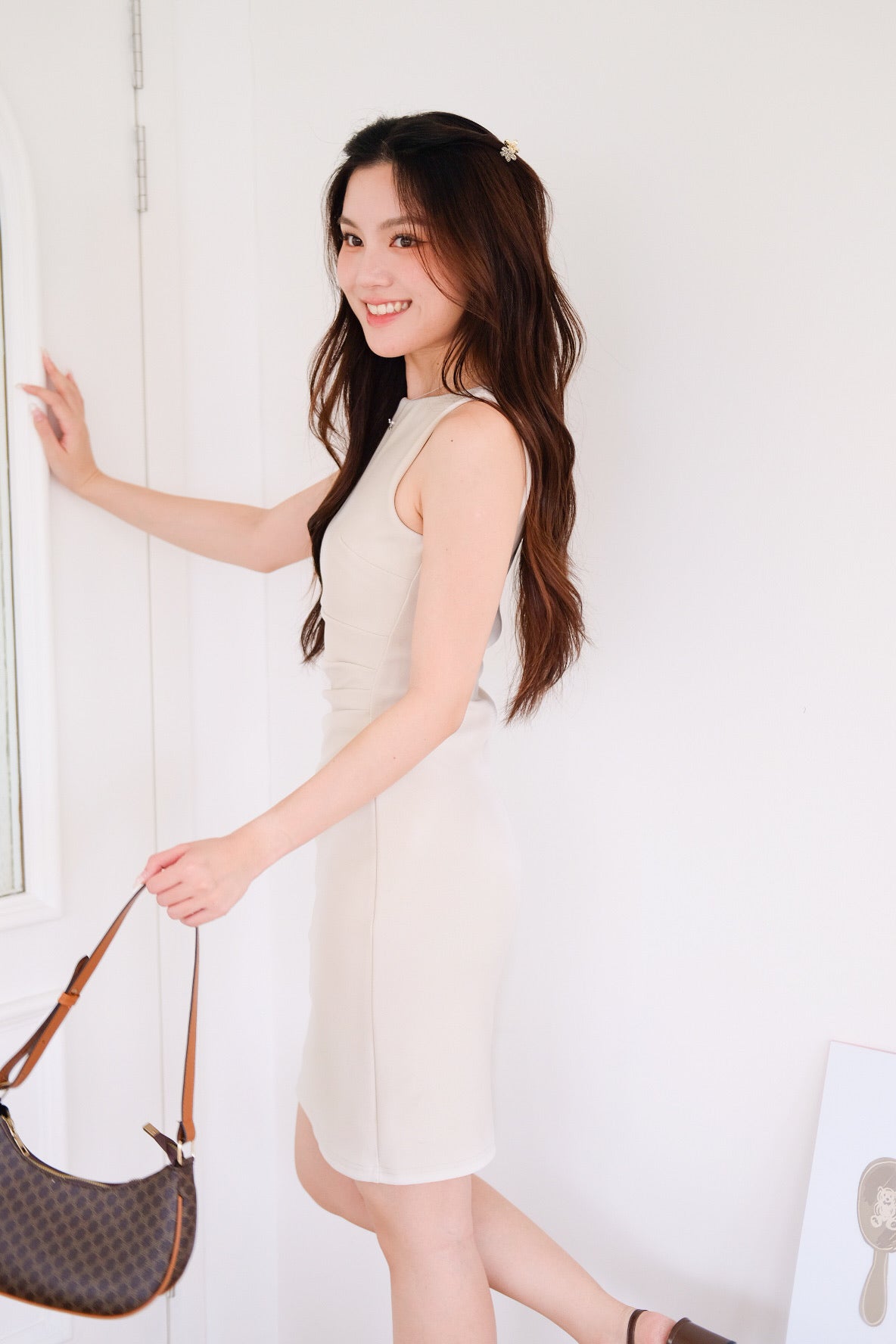 Annette Boatneck Ruched Midi Dress (Sand Beige)
