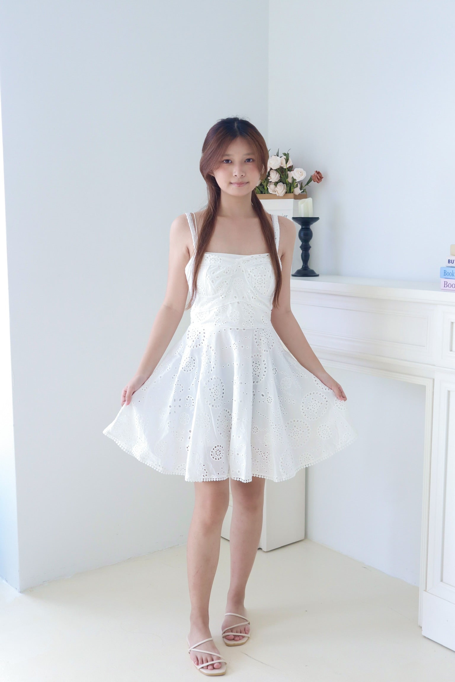 White Eyelet Embroidered Strap Dress