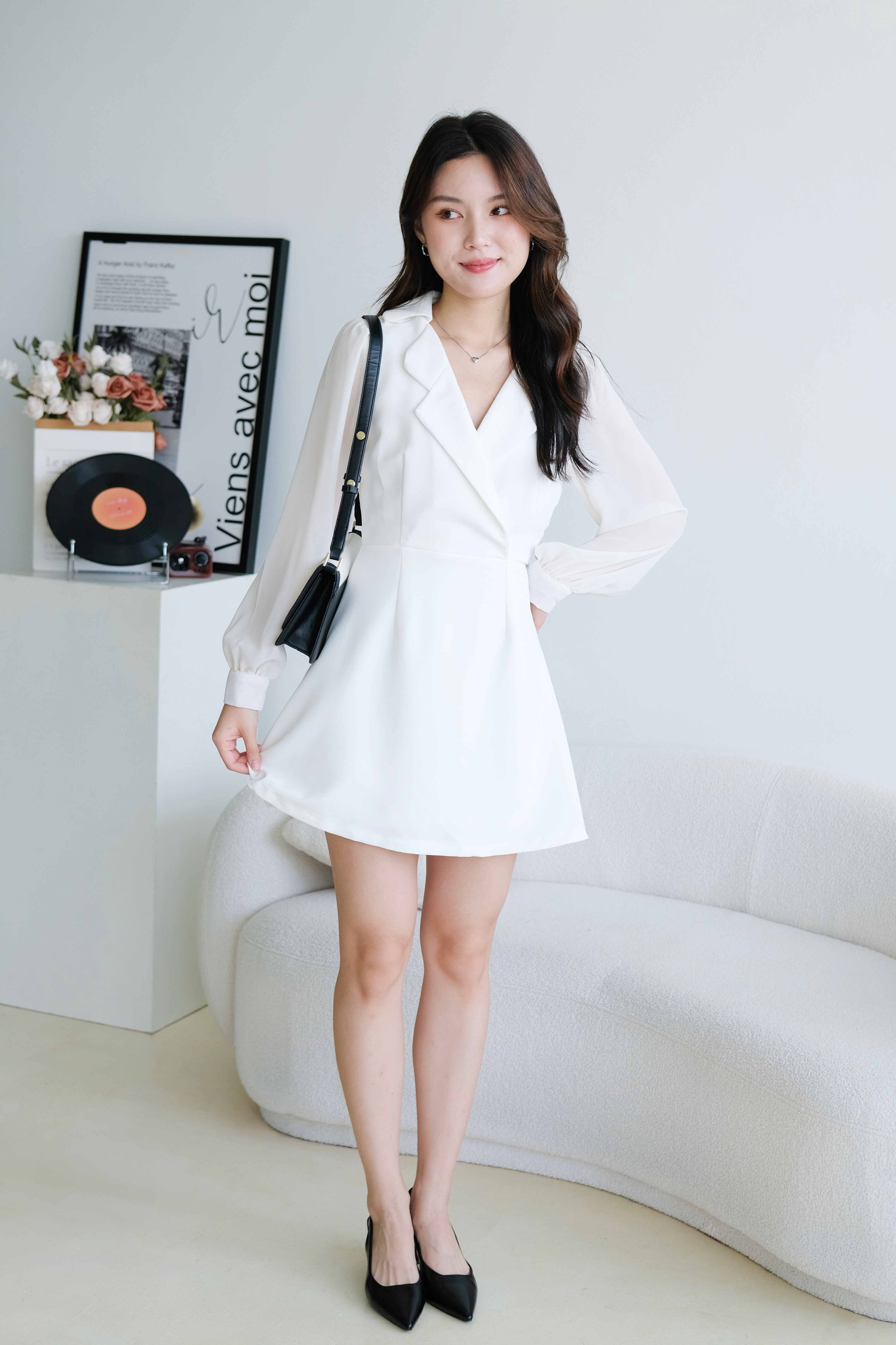 Louisa Blazer Sleeve Dress (White)