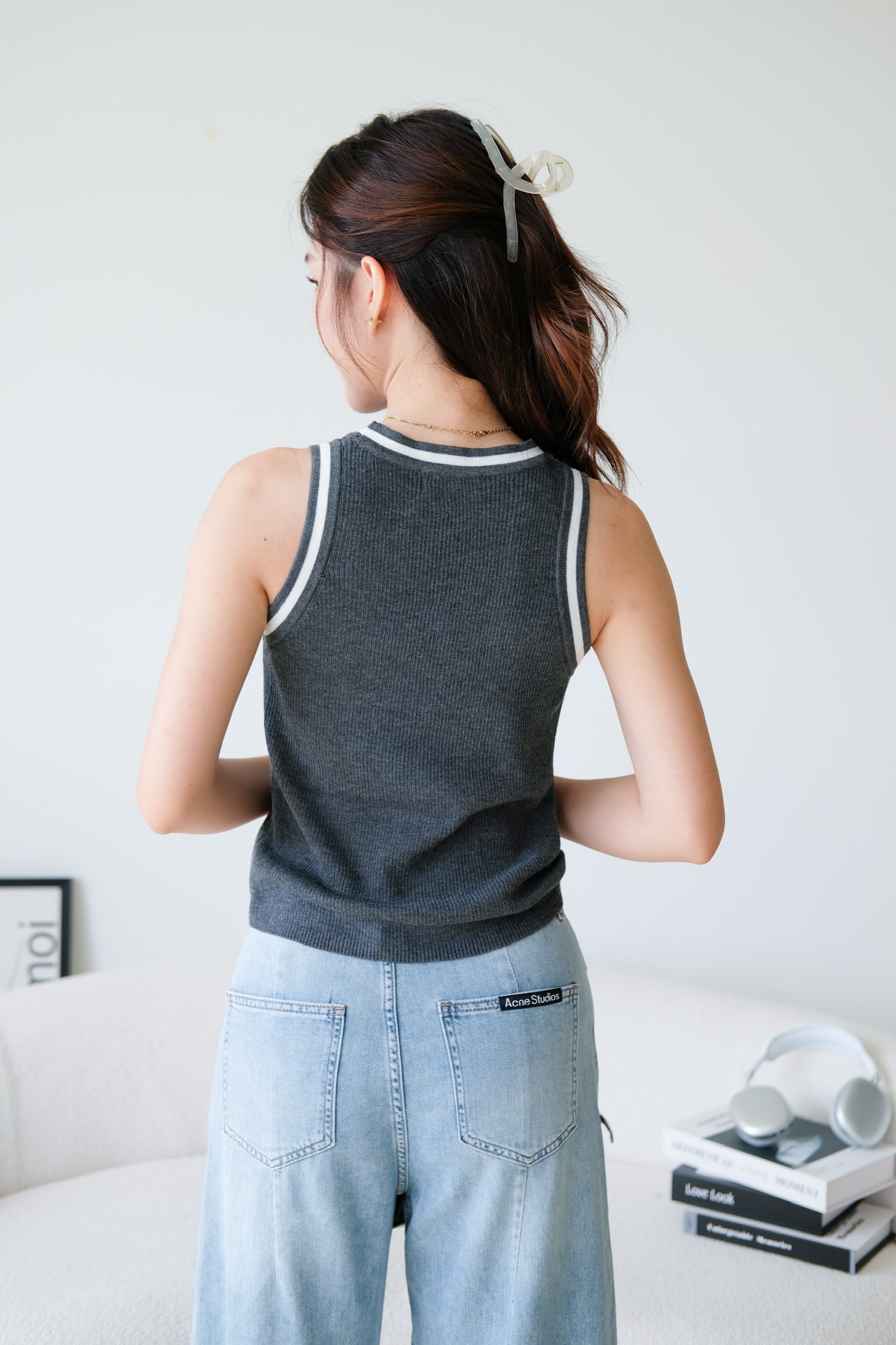 Kyara Contrast Knit Tank Top (Grey)