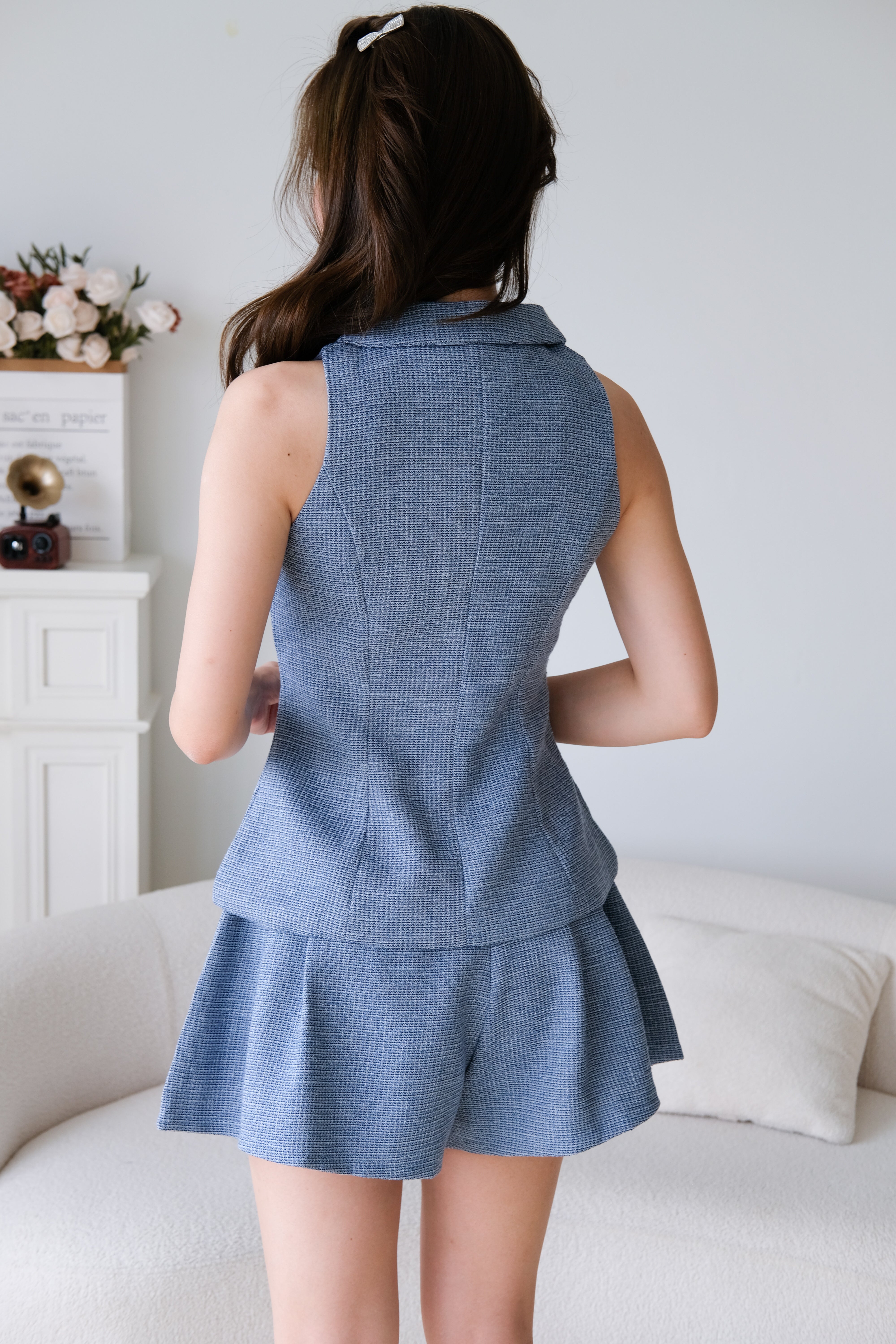 Gwen Collared Tweed Set (Sea Blue)