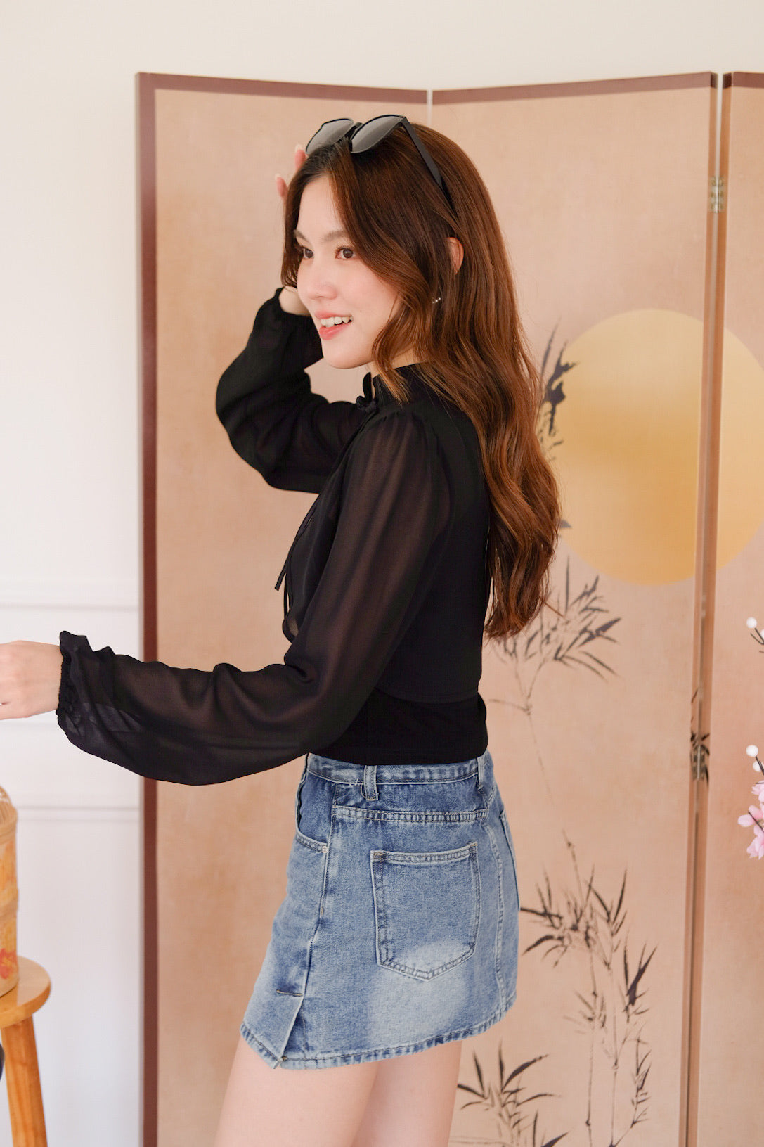 清 Qing 2 in 1 Long Sleeves Cheongsam Top (Black)