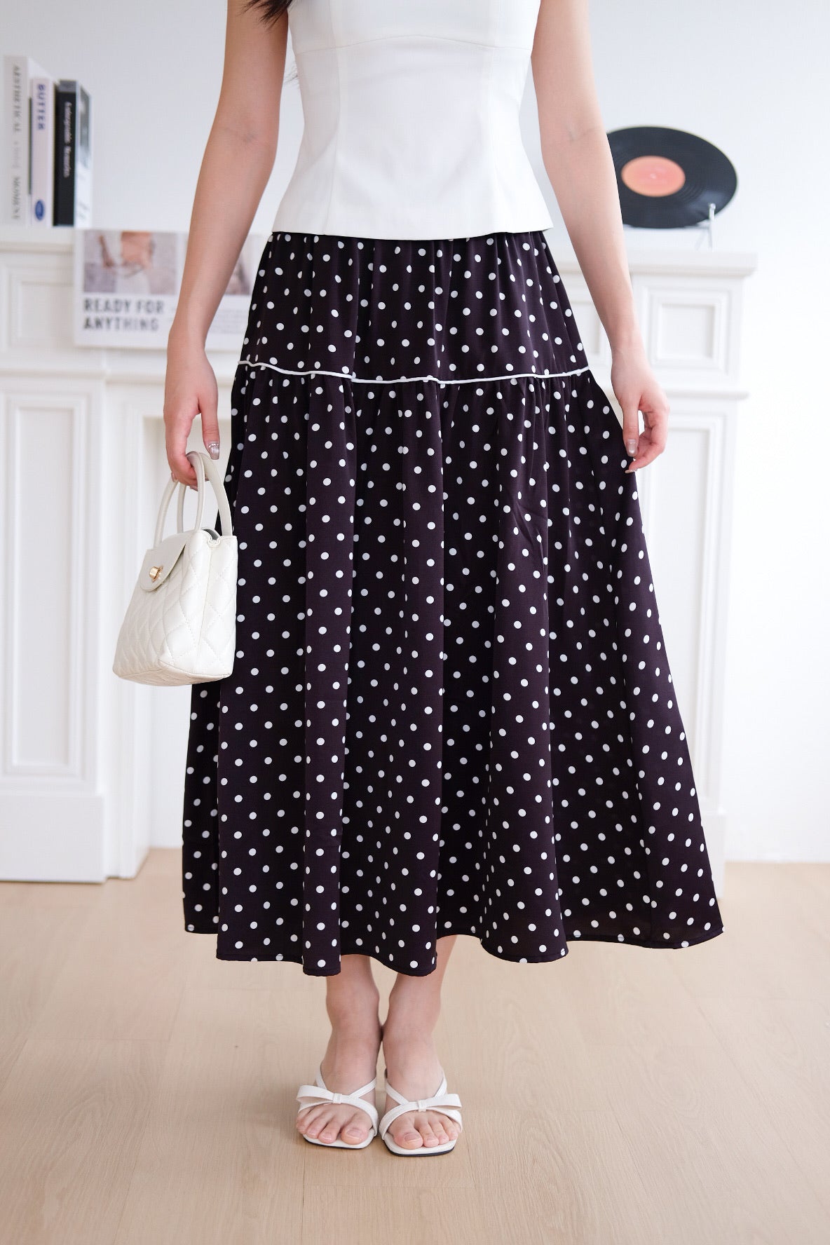 Alva Vintage Contrast A Line Skirt (Polka Black)