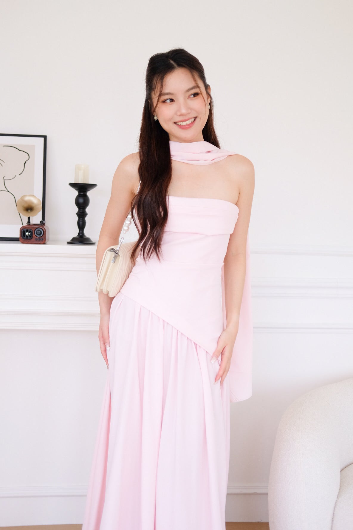 Kellie Asymmetrical Tube Maxi Dress (Baby Pink)
