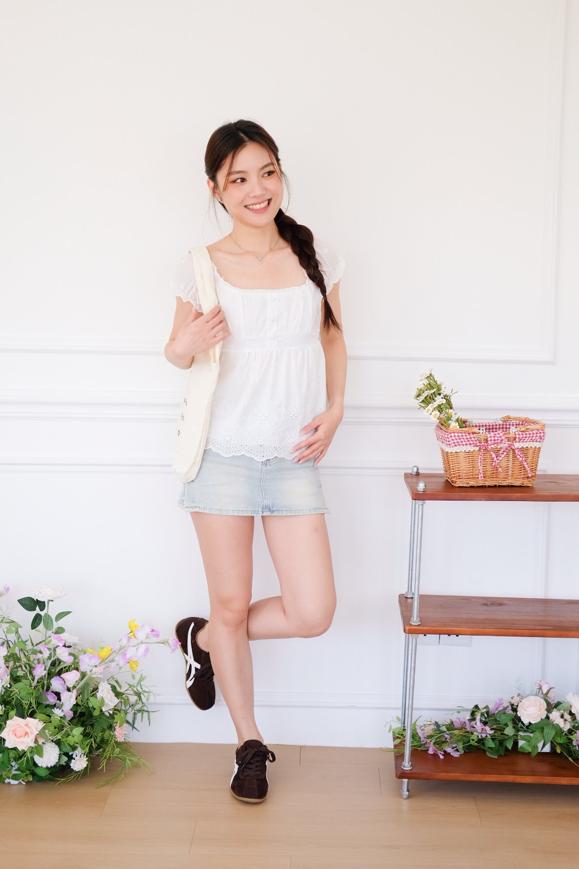 Kylin Eyelet Ruched Peplum Top (White)