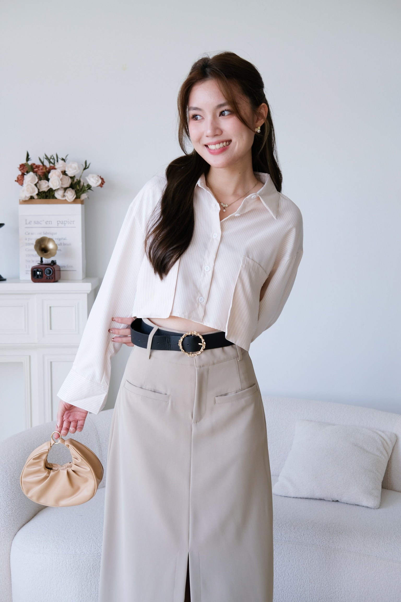 Rora Oversized Stripes Cropped Blouse (Beige)