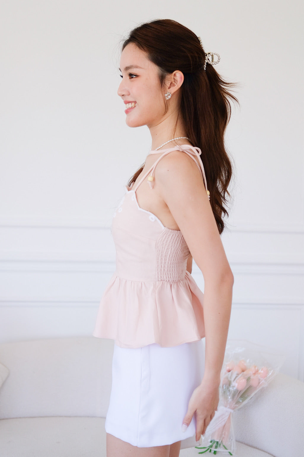Lyanne Eyelet Linen Peplum Top (Light Pink)