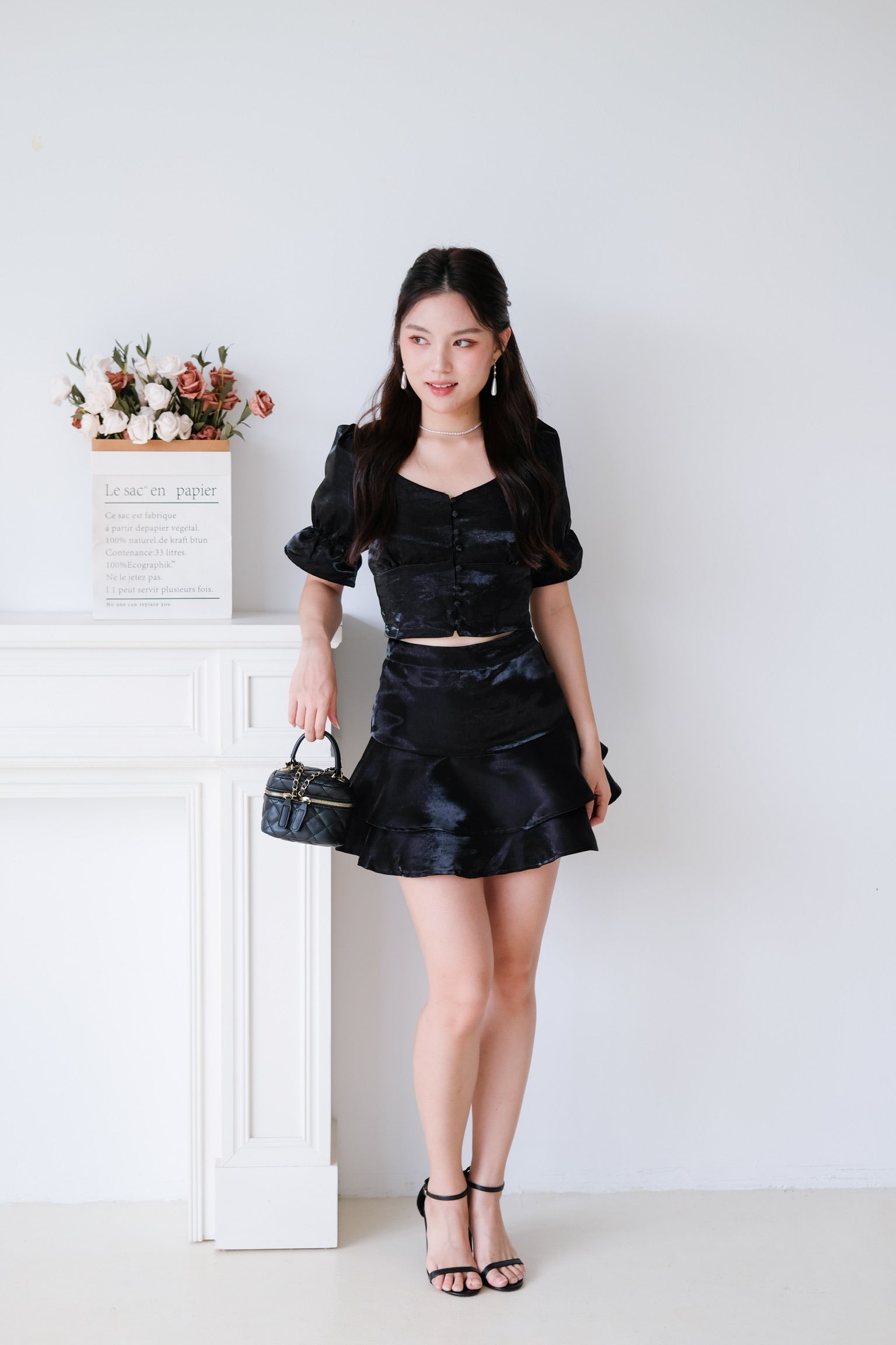 Lush Shimmer Satin Flare Set (Black)