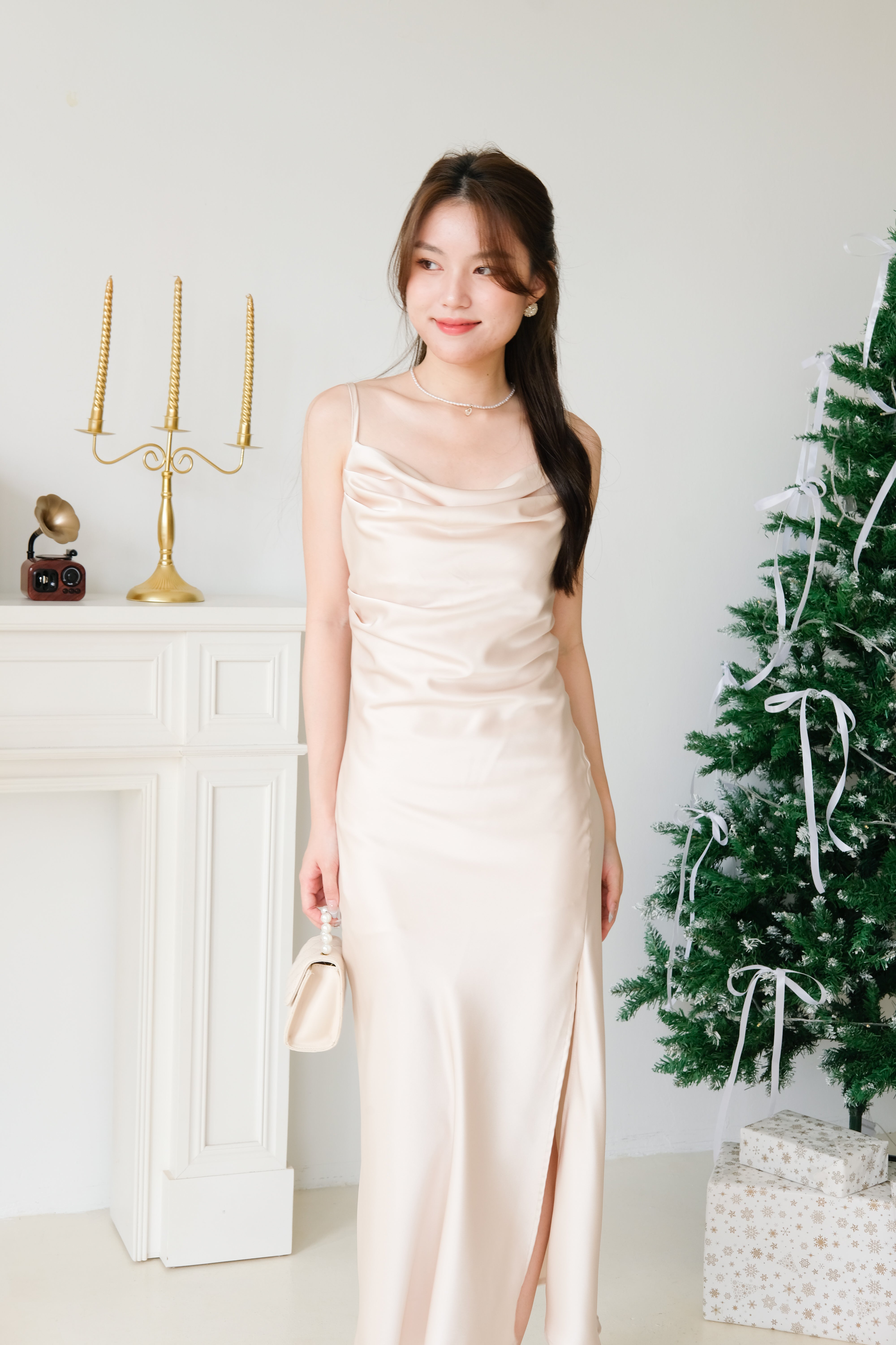 Angel Draped Mermaid Satin Midi Dress (Champagne)