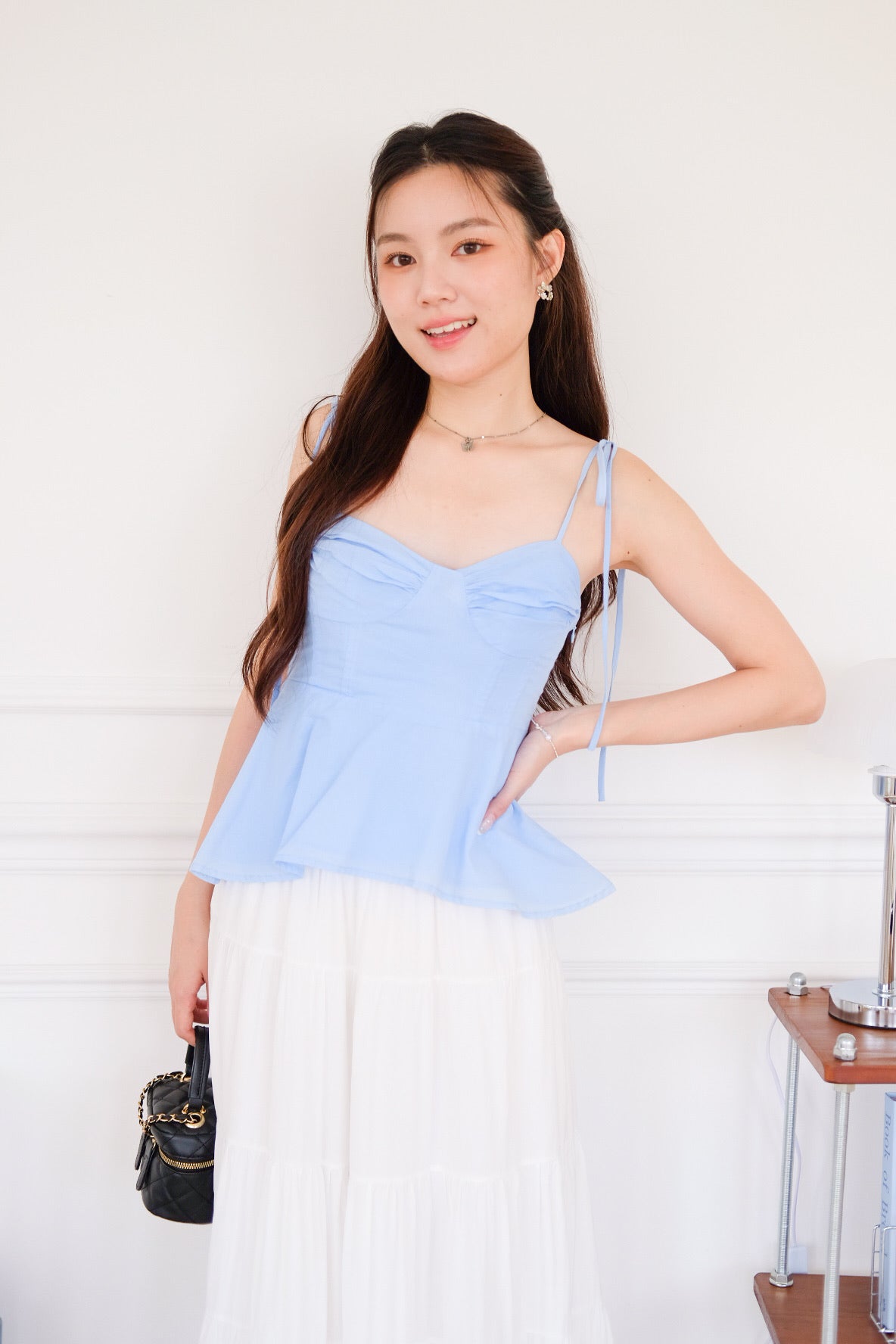 Mona Self Tie Ribbon Peplum Top (Blue)