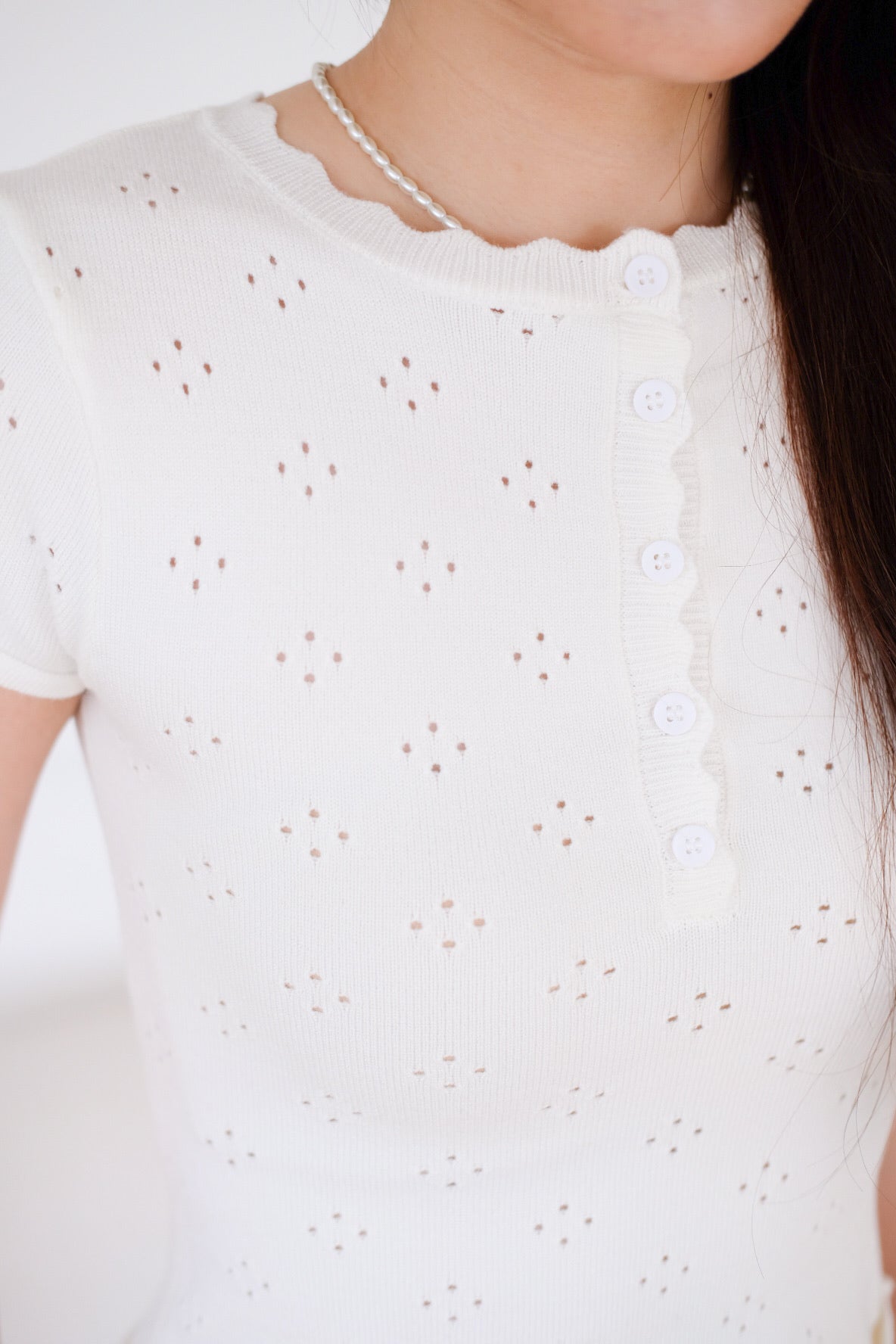 Tyla Scalloped Pointelle Top (Off White)