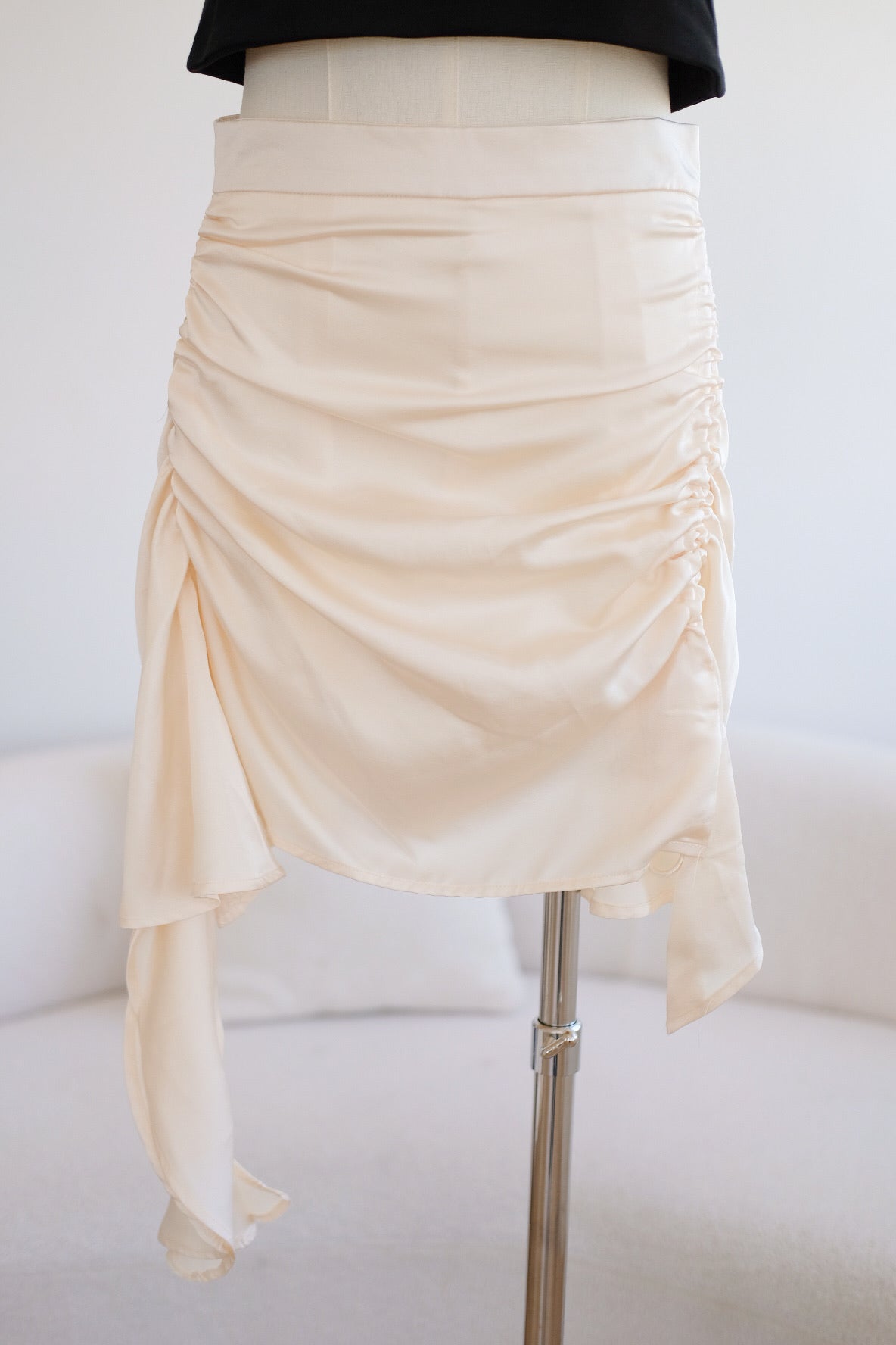Champagne Satin Ruched Ruffle Skirt