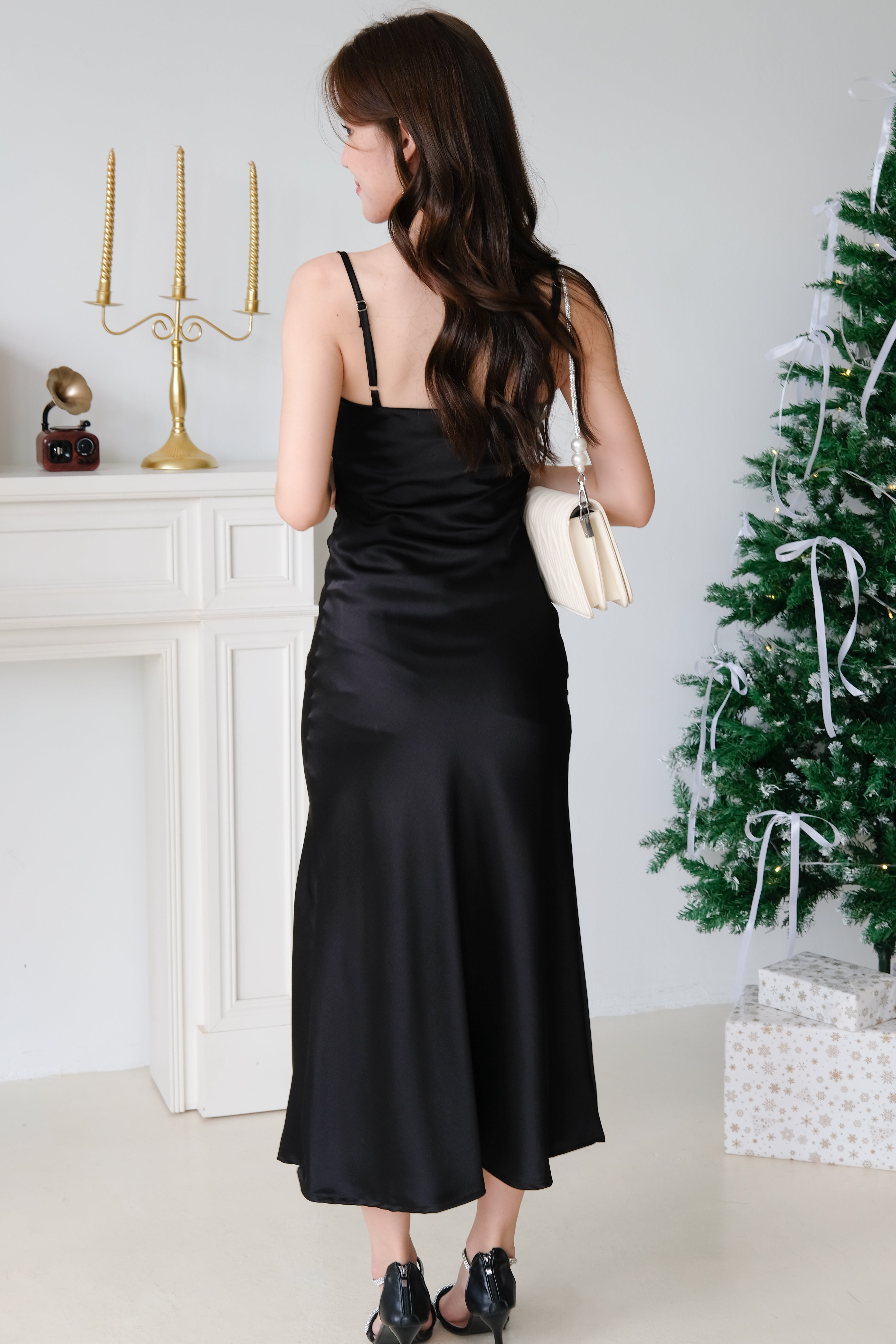 Angel Draped Mermaid Satin Midi Dress (Black)