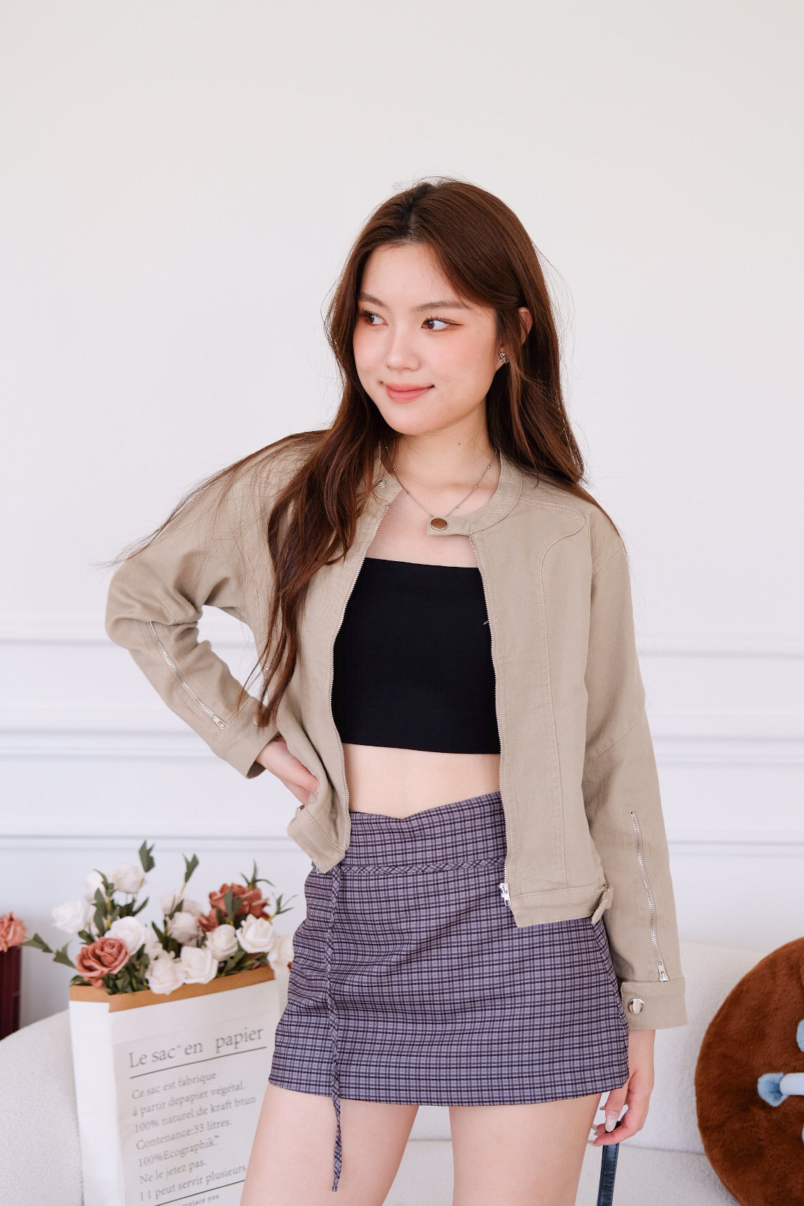 Maren Zip Cropped Denim Jacket (Taupe Grey)