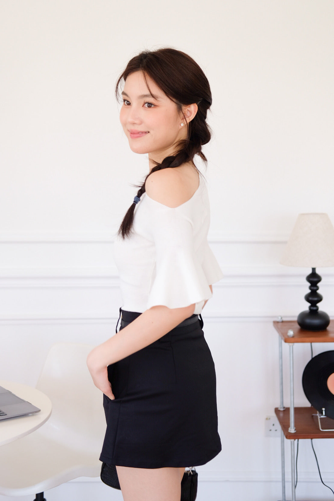 Elva Bell Sleeves Knit Top (White)