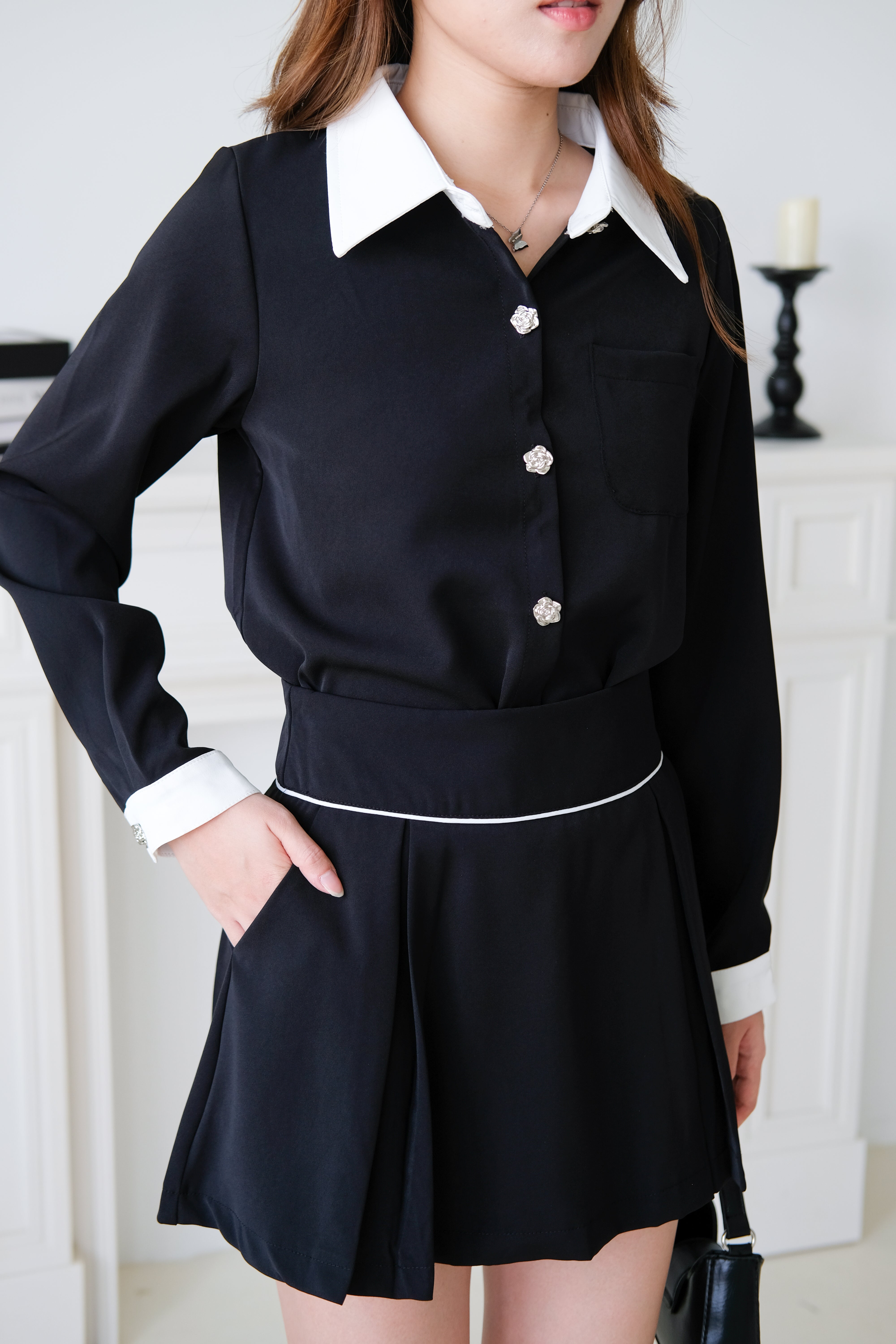 Colette Contrast Collared Casual Set (Black)