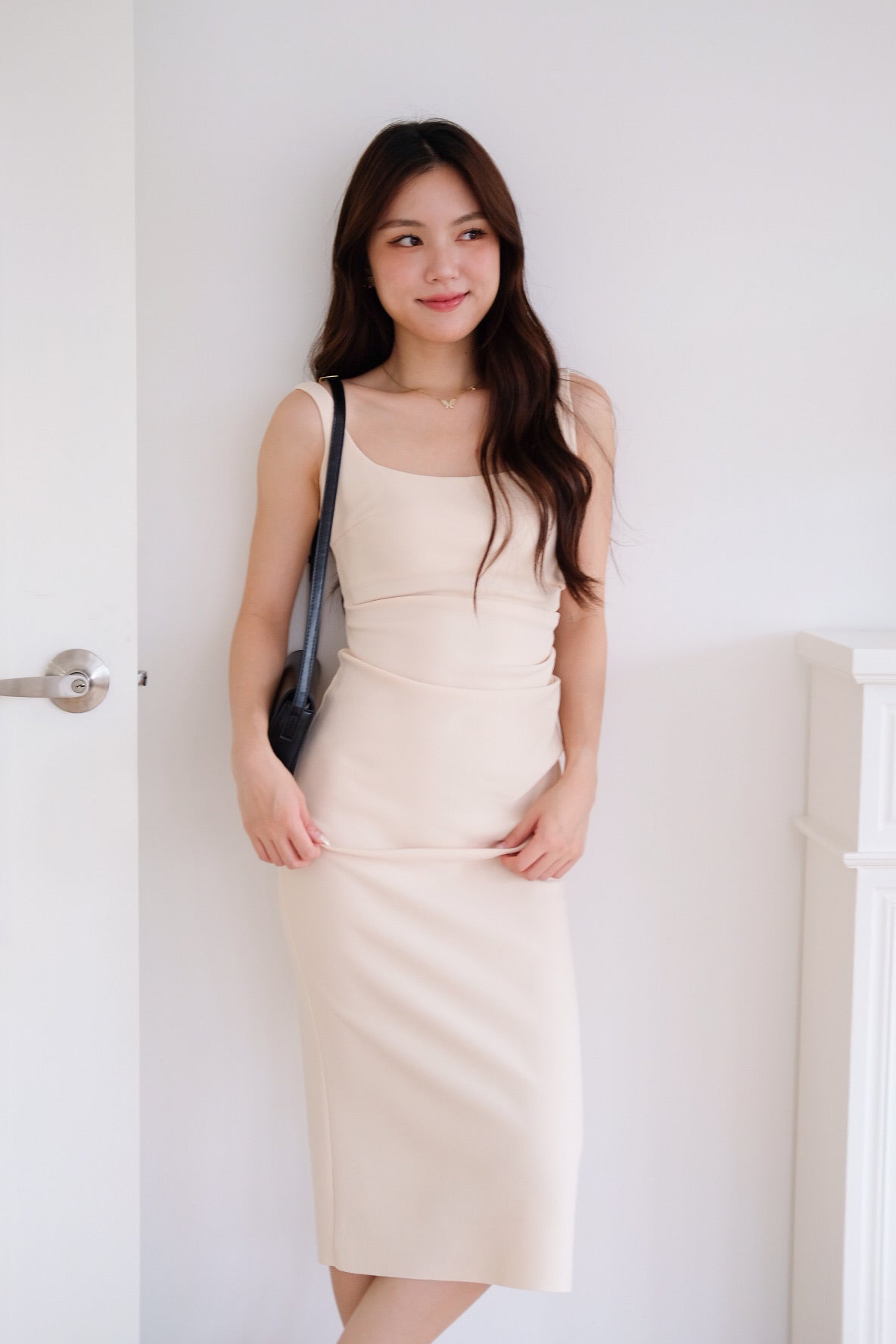 Claude Ruched Slim Fit Midi Dress (Warm Beige)