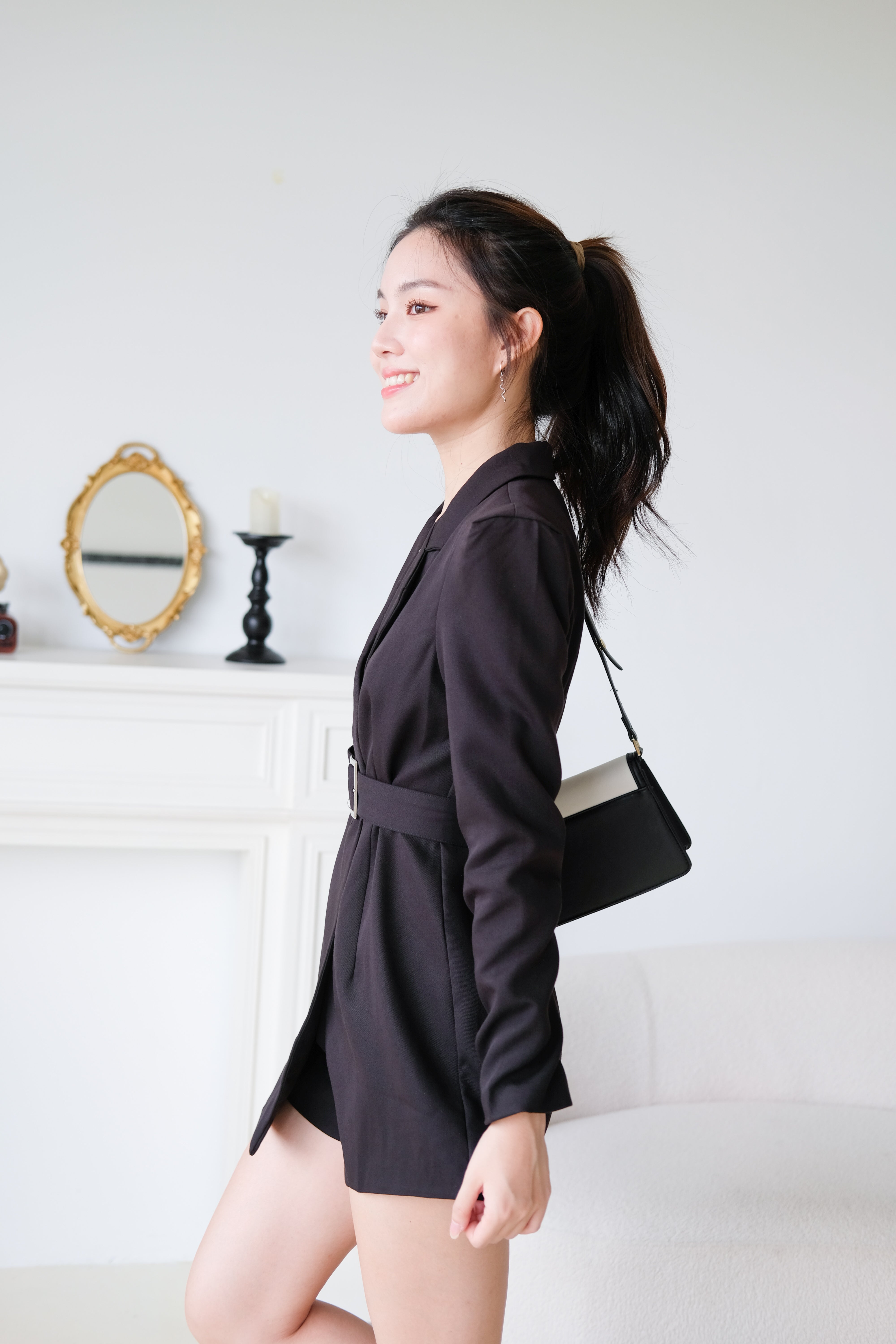Quinn Blazer Belted Romper (Black)
