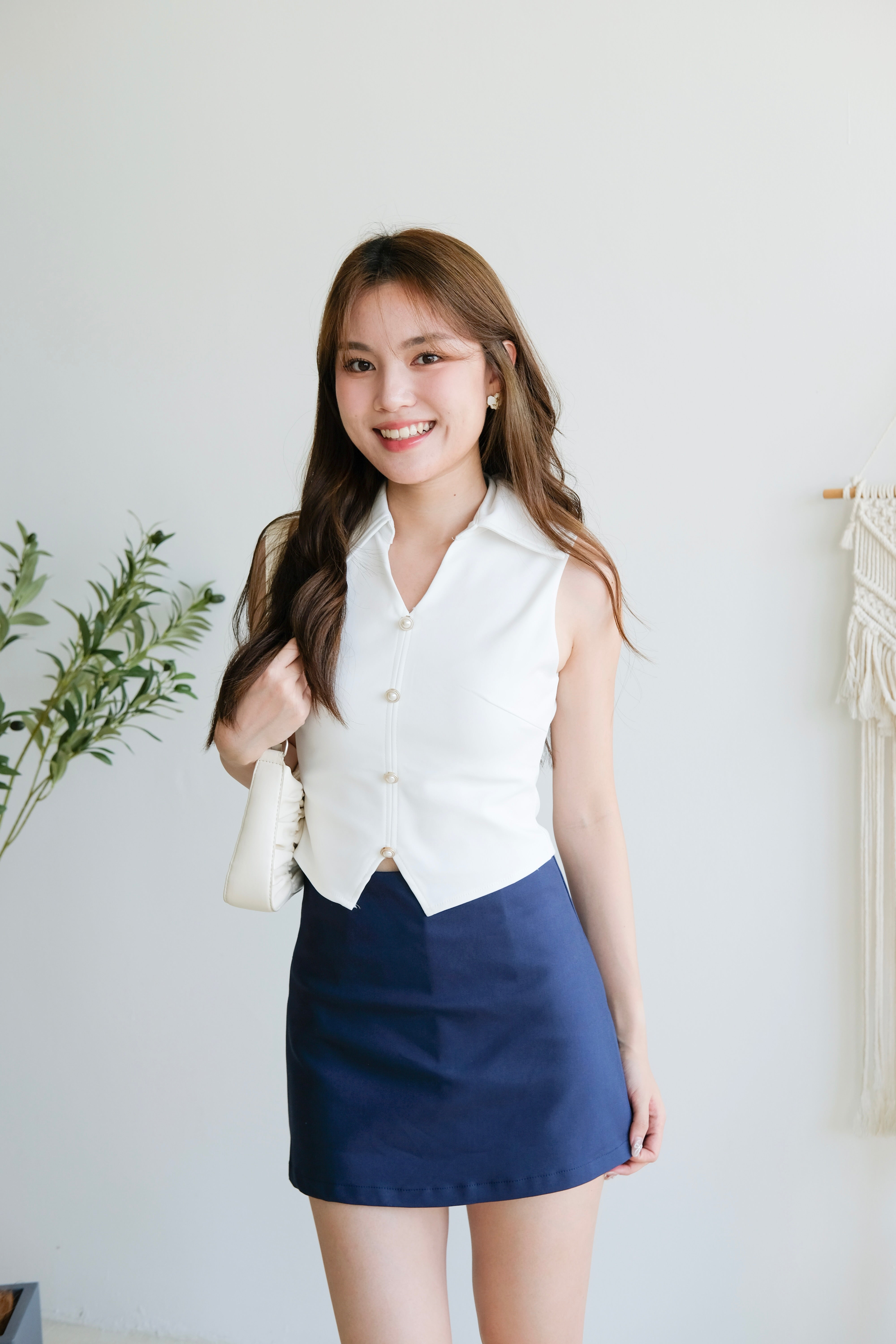 Teena Pearl Button Collared Top (White)